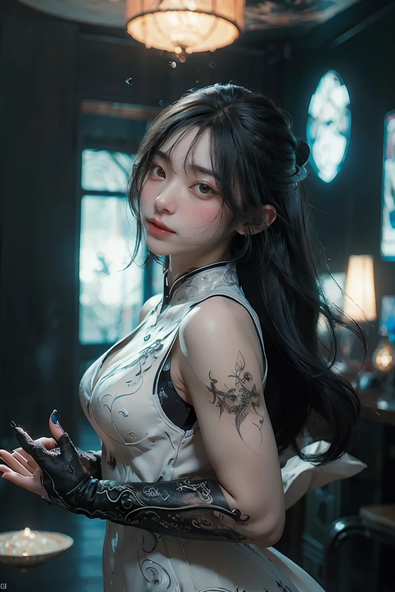 ((masterpiece, best quality)), ultra detailed 8k, photorealistic, sharp focus, highly detailed, professional lighting , shadowmancer, photo of a woman, ink particle, ((swirling black ink floating around)), futuristic fantasy, futuristic white dress, dynamic pose, realistic, masterpiece, intricate details, detailed background, depth of field,