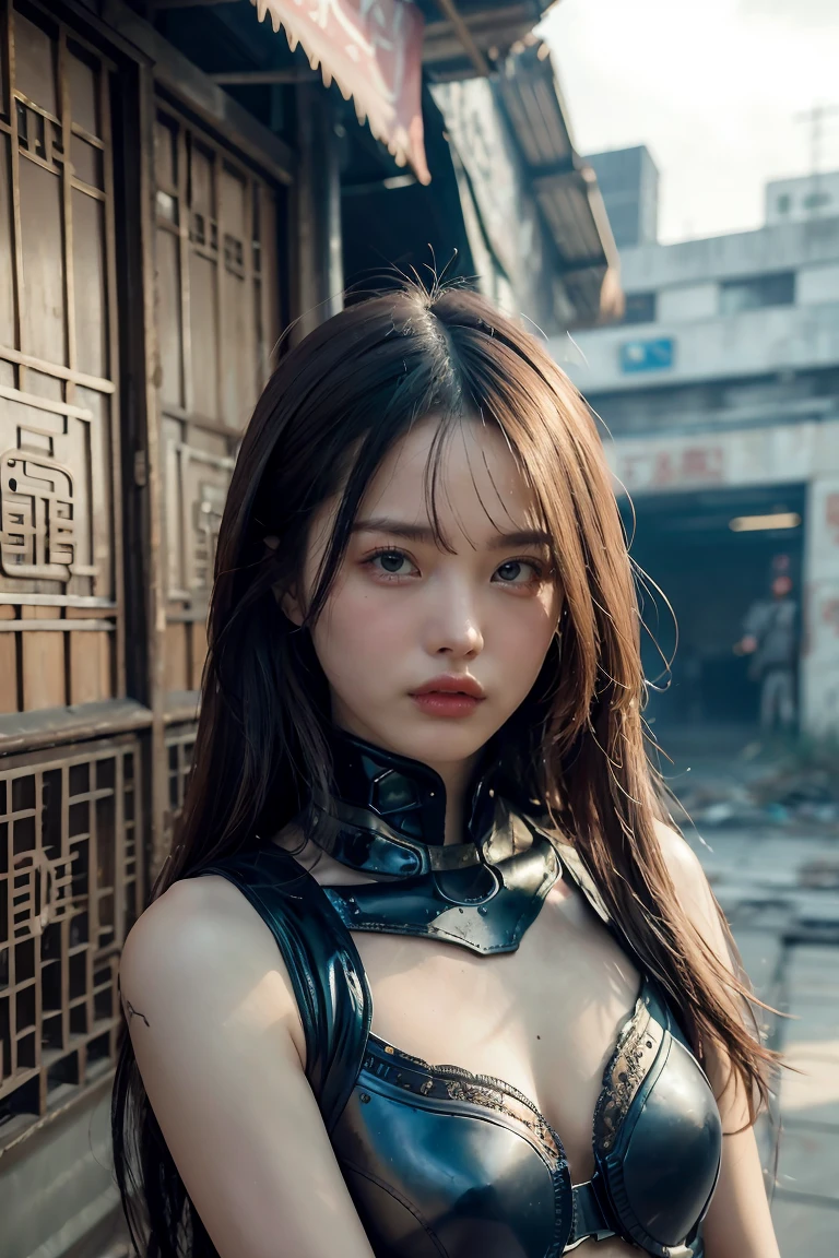 detailed photo of a futuristic beautiful female chinese warrior in a dystopian city, tattered outfit with rusty metal armor plates, long wild hair, tattooed arms and body, fashion pose, blue eyes with round iris, detailed face, apocalyptic environment, natural body pose, professional photographer, filmed with a professional SLR camera, professional fantasy artists, professional rococo and baroque background artists, professional artstation artists
