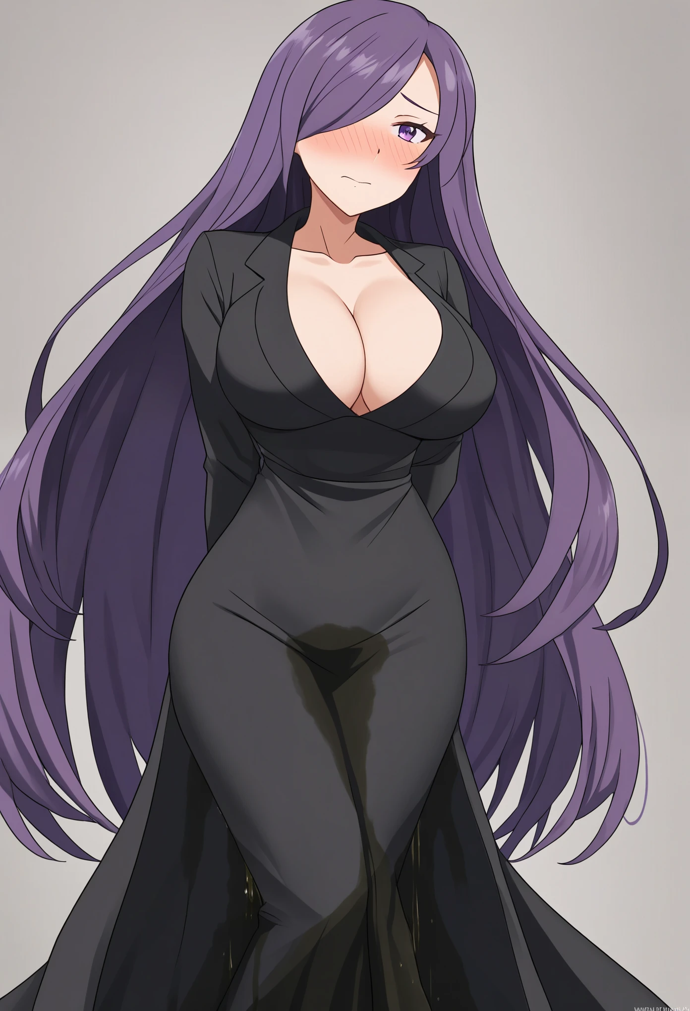 (high quality,Very detailed:1.37, High resolution), Woman, pokemoncynthia, large breasts, (dark purple hair:1.5), hair over one eye, long hair, purple eyes, black coat, black dress, very long dress, skintight dress, coat, looking at viewer, masterpiece, best quality, (wetting herself:1.5), (embarrassed:1.5), (humiliation:1.5), (sweating:1.25), (blushing:1.5), (standing:1.5)