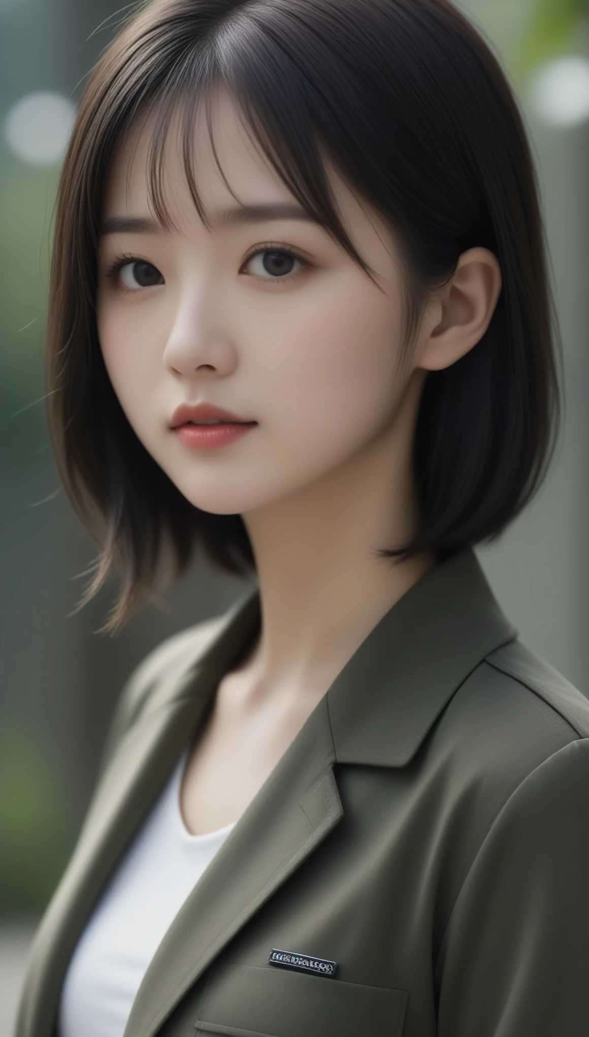 8k, Ultra-high resolution, Highest quality, masterpiece, 三分割法によるphotograph,Surreal, photograph, 1 Girl, (:1.3), pretty girl, Cute Face, Beautiful eyes in every detail, 細かくdetailedに,masterpiece,One Girl:1.2,Japanese female soldier,full body,furious,Black short hair,Bob with bangs, (camouflage clothing:1.3),Pencil Skirt,Military clothing,Sharp contours,Looking down, (Dirty Face:1.3),battlefield, Light from above, Low contrast, (Side view),, Perfect and beautiful face ,完璧でCute Face, Skin with attention to detail, Perfect limbs、Narrow waist,Looking at the audience,(((Ideal body type))),A cup small breasts :2,Portraiture:2,Perfect Anatomy,鮮明なdetailed,detailed,Surreal,Light and shadow,darkness