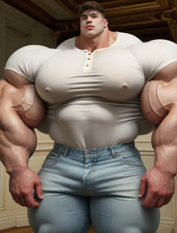 1boy, giant, giant bodybuilder, stand, illuminating light, strong body, bulk, large size, staring, standing, in the white decoration room, wet white henley shirt and jeans pants, prominent bulge, extraordinary big, brutalmass, giant, muscular body, bulk, buff, massive body, large meaty body size, extremely wide body