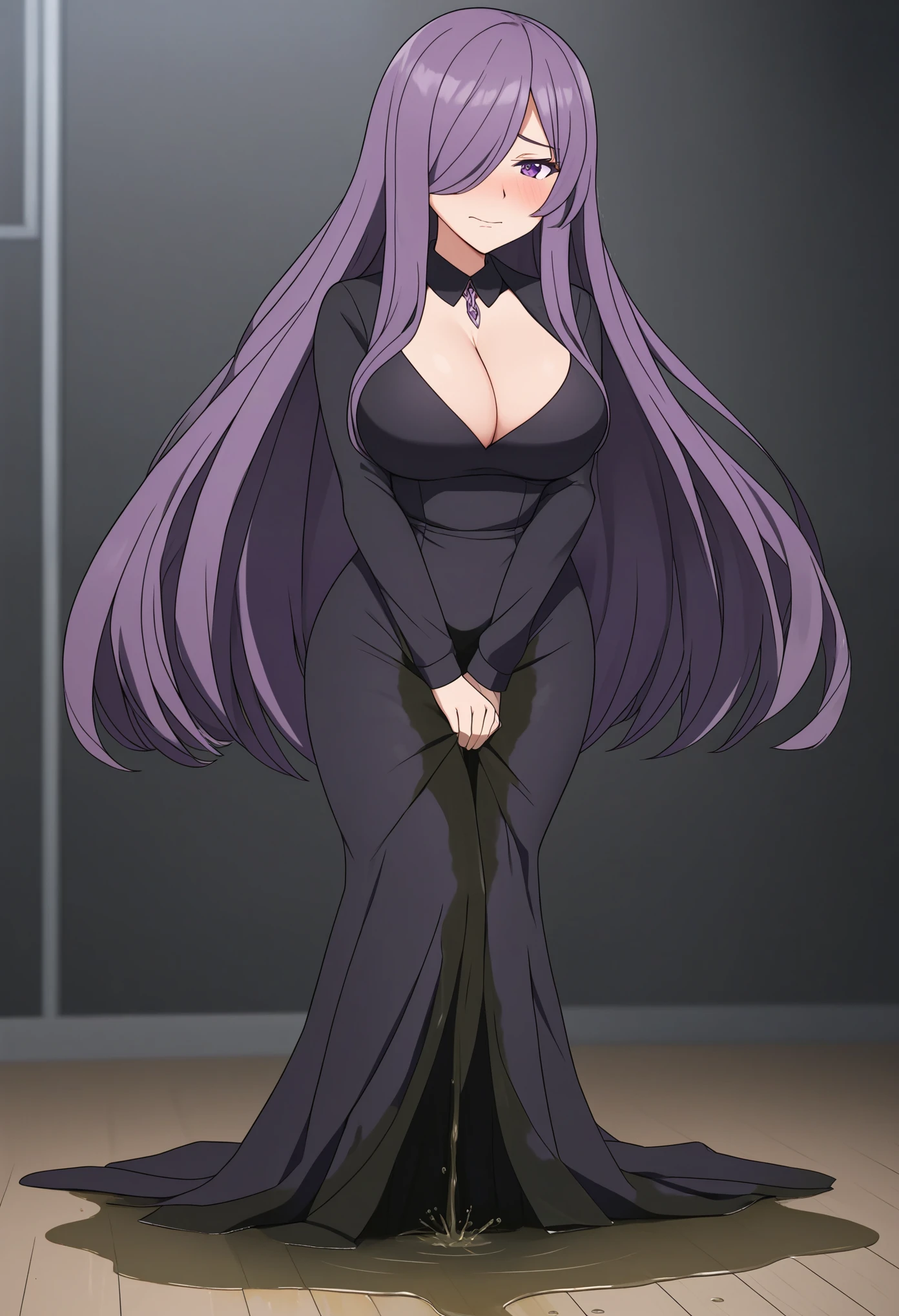 (high quality,Very detailed:1.37, High resolution), Woman, pokemoncynthia, large breasts, (very dark purple hair:1.5), hair over one eye, long hair, purple eyes, black coat, black dress, very long dress, skintight dress, coat, looking at viewer, masterpiece, best quality, (wetting herself:1.5), (embarrassed:1.5), (humiliation:1.5), (sweating:1.25), (blushing:1.5), (standing:1.5)