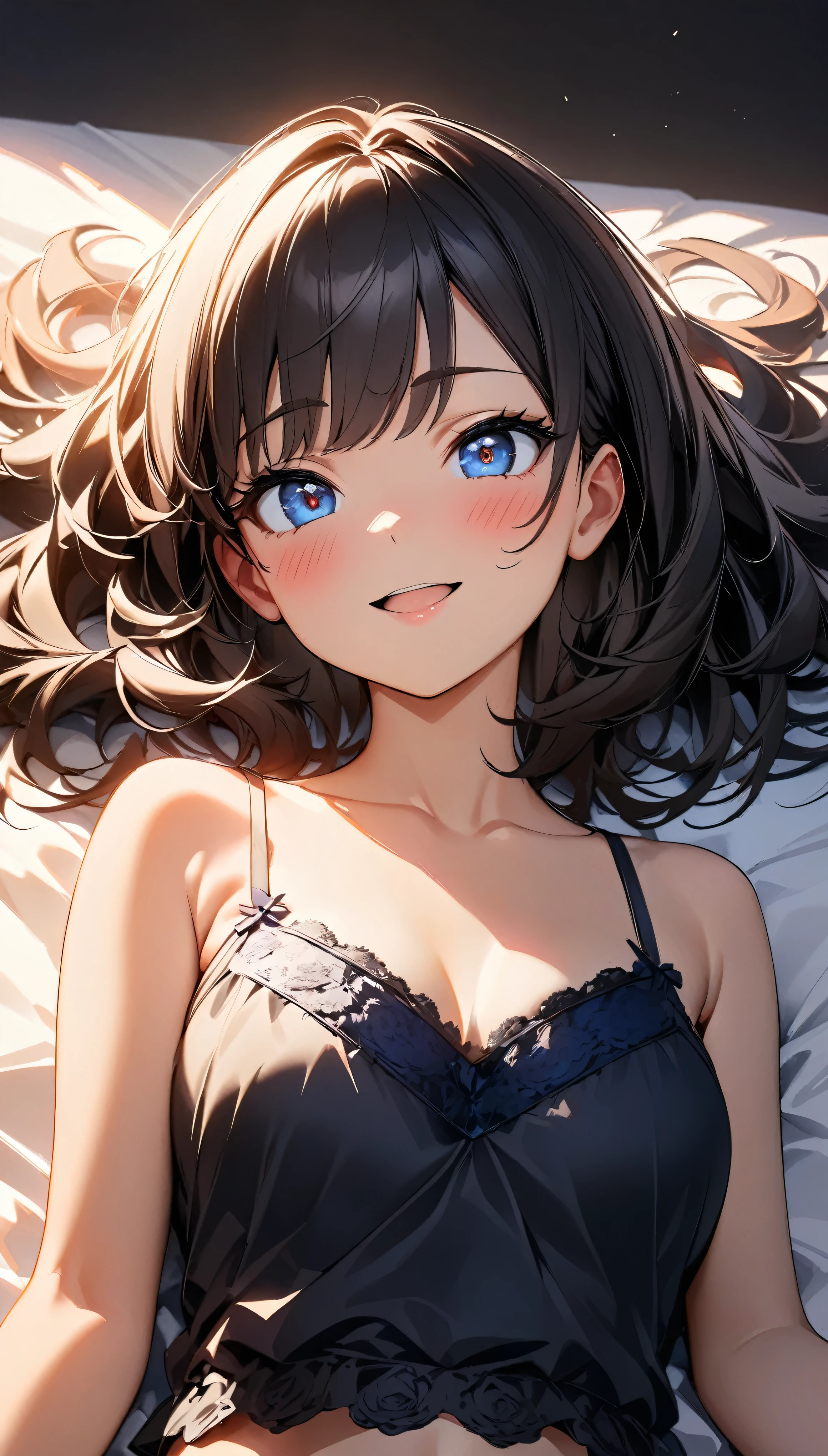 (Highest quality:1.2, Very detailed, up to date, Vibrant, 超High resolution, High Contrast, masterpiece:1.2, Highest quality, Best aesthetics), (((1 girl))), A carefully painted bedroom, lingerie, Professionalism, Bright colors, Soft lighting, Expressive eyes, Detailed lips, Long eyelashes, Pleasant atmosphere, incite inferiority, Obscene eyes, Lewd smile, Open your mouth, blush, Fatty face:1.4, ((camisole, 黒シースルーlingerie, Lying on your back in bed:1.2)), Positive Energy, Calm background, A nurturing presence, High resolution, Correct perspective, (Soft focus throughout).
