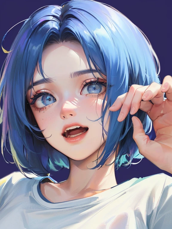 (((One woman)))、(Highest Resolution、clear_image) Highest quality、(((pop)))、1990s、((Colorful background))、((Enlighten))、Very detailed、Semi-realistic、Sky Blue Hair、((hairstyle I made、Laughter、Bans、20-year-old、young、((T-Shirts))、Delicate facial features、View from below、((Detailed eyes))