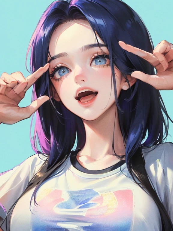 (((One woman)))、(Highest Resolution、clear_image) Highest quality、(((pop)))、1990s、((Colorful background))、((Enlighten))、Very detailed、Semi-realistic、Sky Blue Hair、((hairstyle I made、Laughter、Bans、20-year-old、young、((T-Shirts))、Delicate facial features、View from below、((Detailed eyes))