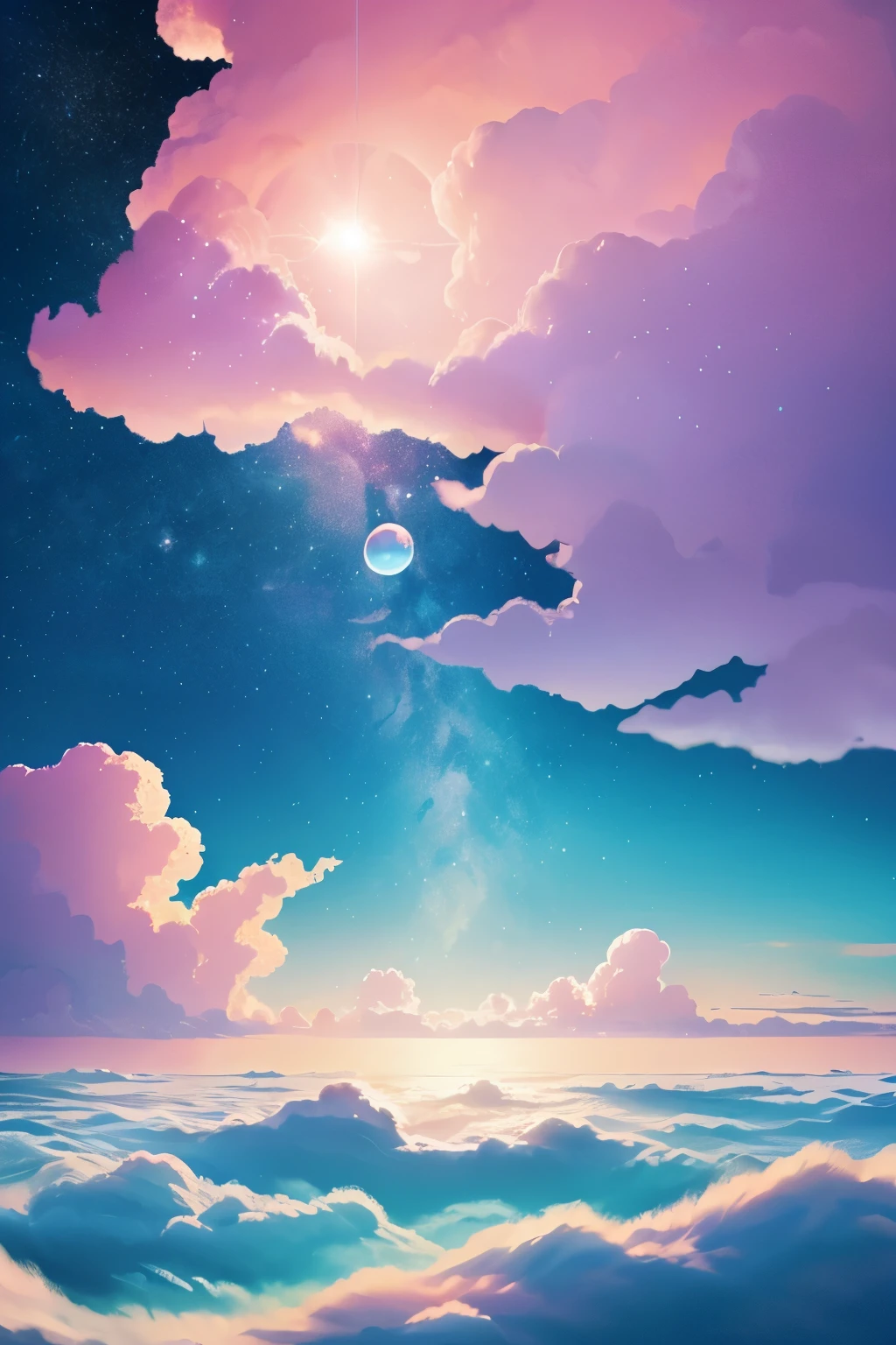 Digital illustration of a starry cloud and sky with the sea below in pink and light blue hues with soap bubbles on the digital illustration center