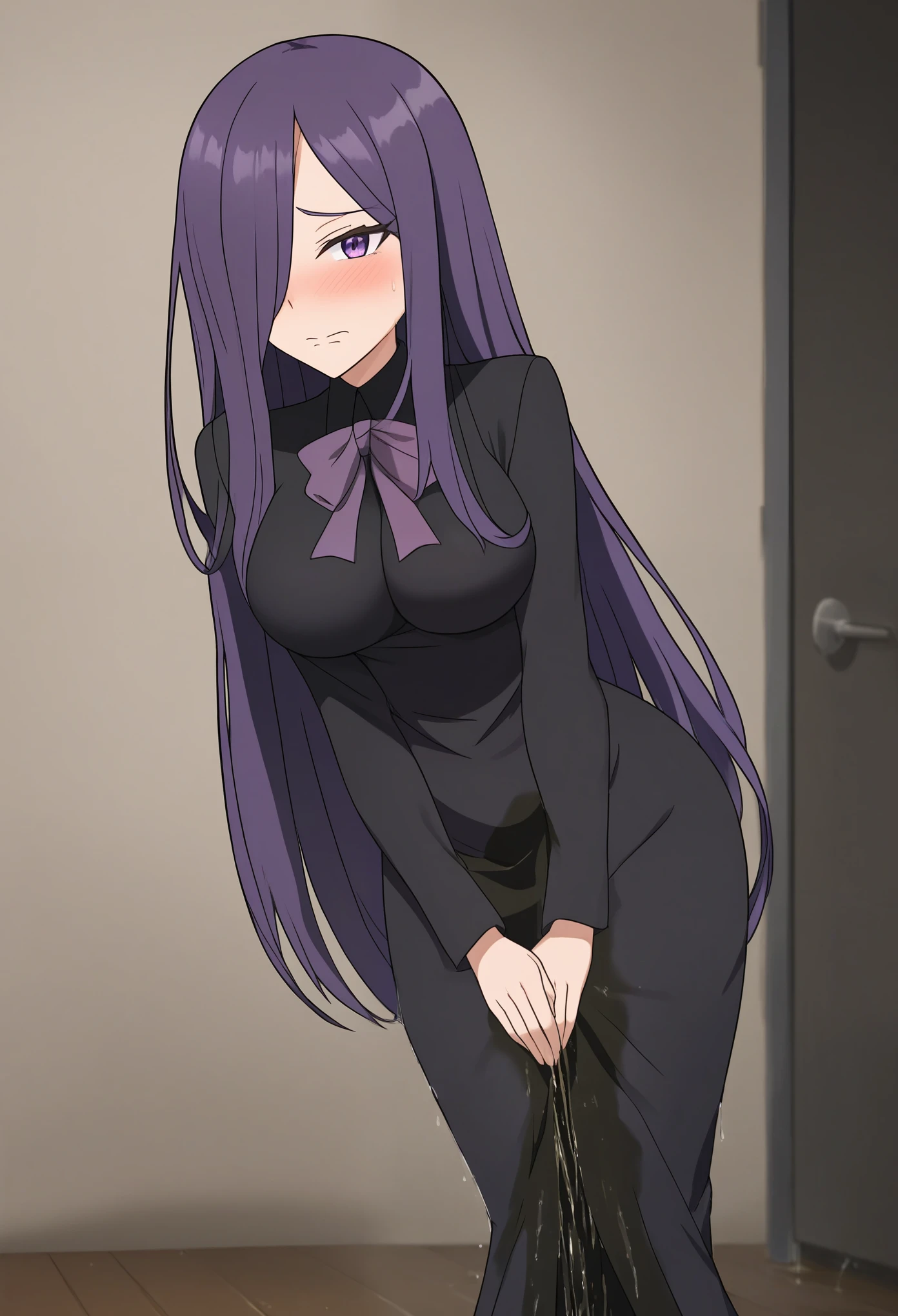 (high quality,Very detailed:1.37, High resolution), Woman, pokemoncynthia, large breasts, (very dark purple hair:1.5), hair over one eye, long hair, purple eyes, black coat, black dress, very long dress, skintight dress, coat, looking at viewer, masterpiece, best quality, (wetting herself:1.5), (embarrassed:1.5), (humiliation:1.5), (sweating:1.25), (blushing:1.5), (standing:1.5)