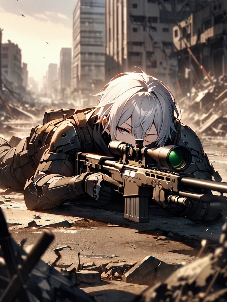 (masterpiece),(Highest quality),(High resolution),(Very detailed),One Man,Japanese,  Silver Hair ,whole body,break(((黒いsniper rifleで何かを狙う))),((Close one eye and look through the scope))(Lying down),((sniper rifle)),(The background is a destroyed city),(((Background Blur)))