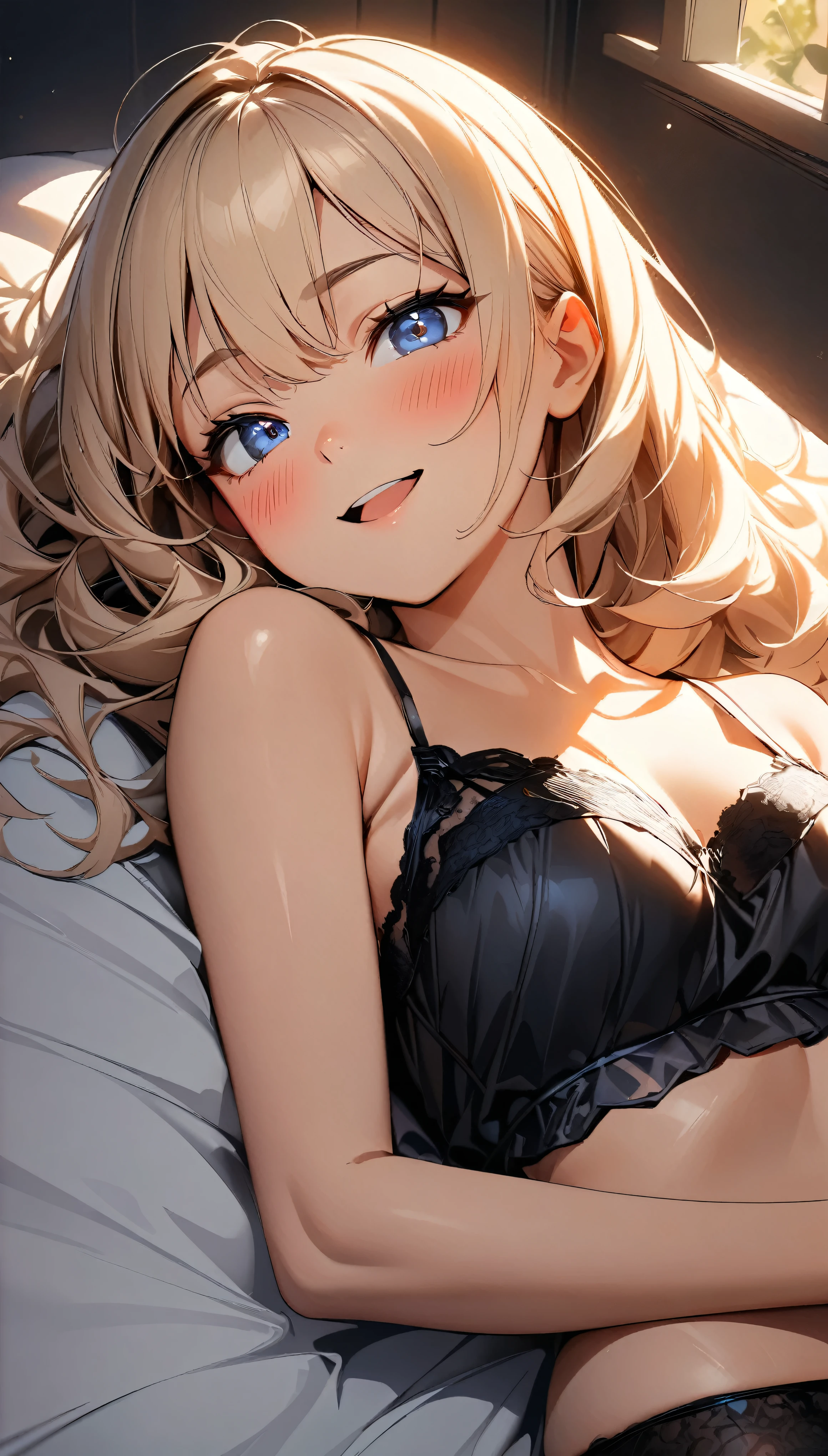 (Highest quality:1.2, Very detailed, up to date, Vibrant, 超High resolution, High Contrast, masterpiece:1.2, Highest quality, Best aesthetics), (((1 girl))), A carefully painted bedroom, lingerie, Professionalism, Bright colors, Soft lighting, Expressive eyes, Detailed lips, Long eyelashes, Pleasant atmosphere, incite inferiority, Obscene eyes, Lewd smile, Open your mouth, blush, Fatty face:1.4, ((camisole, 黒シースルーlingerie, Lying on your back in bed:1.2)), Positive Energy, Calm background, A nurturing presence, High resolution, Correct perspective, (Soft focus throughout).