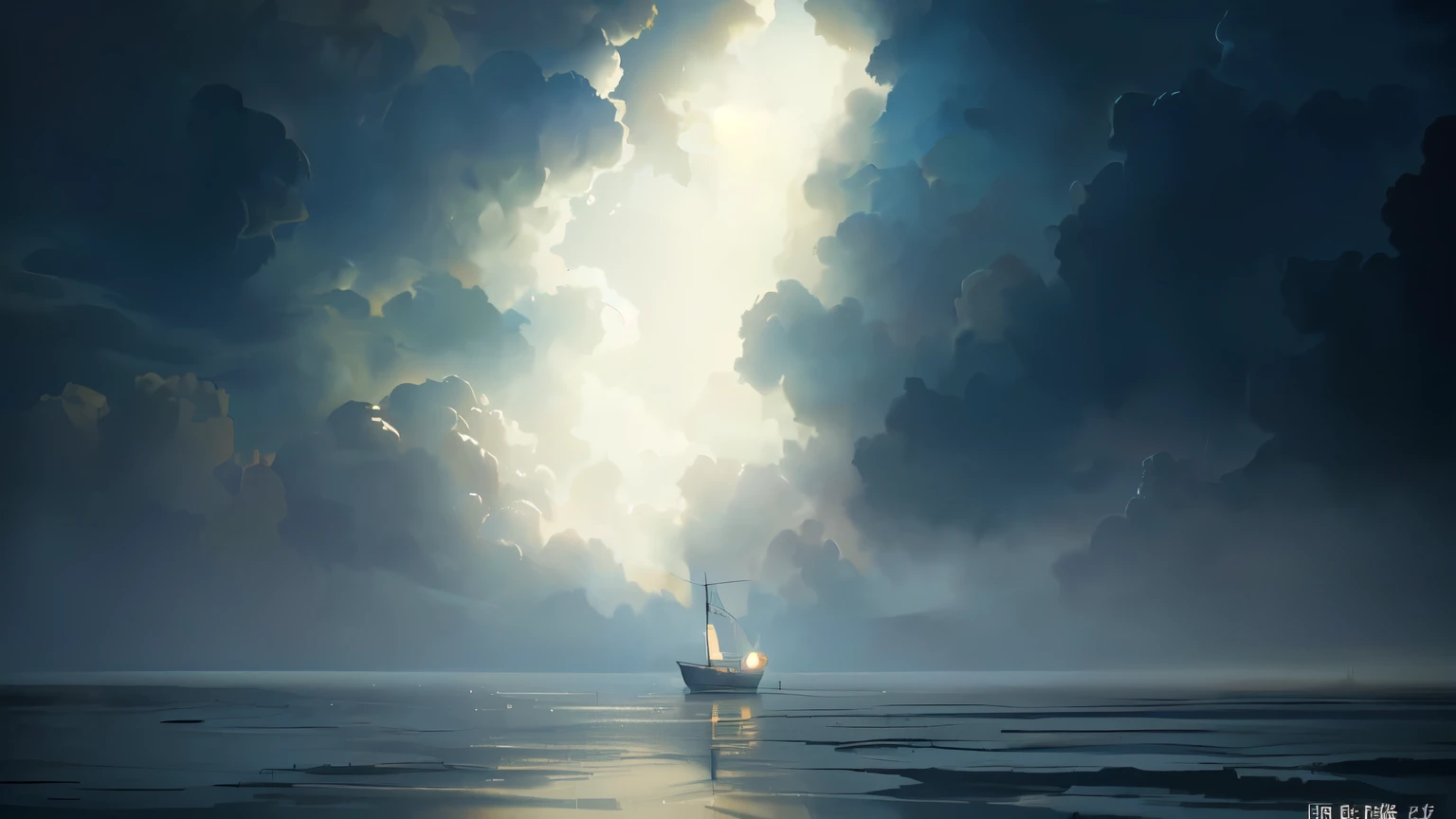 ((2d, 8k, masterpiece, anime cutscene)), illustration, digital painting, ((lonely fishing boat)) with a single lantern, there is a small boat in the water under a cloudy sky, dramatic nautical scene, boat, beautiful photo, epic clouds and godlike lighting, dramatic and atmospheric, fantasy sea landscape, dreamy atmosphere and drama, dramatic atmosphere, surrounded in clouds and light, surreal scene, surreal mystical atmosphere, serene overcast atmosphere