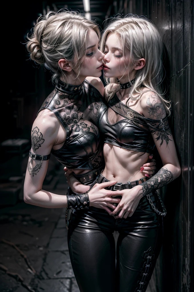 (Detailed illustrations, Very detailed and detailed drawing, Delicate lines with slow and rapid, Realistic texture expression), Two women facing each other, very short white hair with black tips, ( emo hairstyle, ), goth, pale white skin, (((passionate kissing))), kiss, (((eyes closed))), (((closed eyes))), erotic, (((one girl is touching the other sensually and grabbing her crotch))), ((intimate)), (girls bedroom background), dark lighting, cold atmosphere, lore_Emma , dark eyeliner, (ultra dark glossy black lipstick), bored expression, gorgeous face , super cute, 18 years old , hyper detailed face, (super skinny figure , large breast, thin waist, narrow hips, slim legs), one girl is pressed up against a wall, one girl is leaning into the other girl, abs, LowriseXL, (ultra low rise wet look shiny ultra glossy leather pants with transparent flower pattern), (mesh shirt with flower pattern under bare shoulder white t-shirt), black choker, vulva tattoo, (white lotus flower in hair), ((flower pattern tattoo)), abs, fingerless leather gloves, (black nail polish), faded tattoo's, ((thigh belt)), ((hip chains)), ((belt hanging on hip)), ((many studded belts))