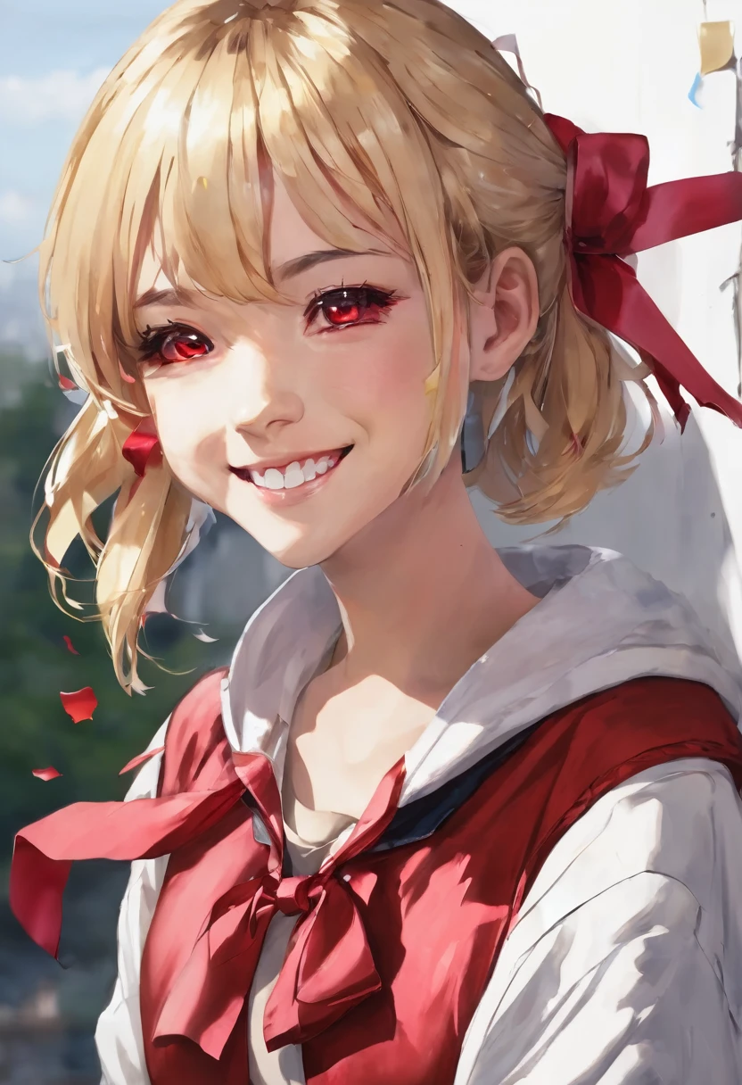 high quality, best quality, masterpiece, absurdres, red_jacket, ribbon, red_eyes, blond_hair, short_hair, hair_ribbon, smile, 1girl, torn clothes, cloth pieces,