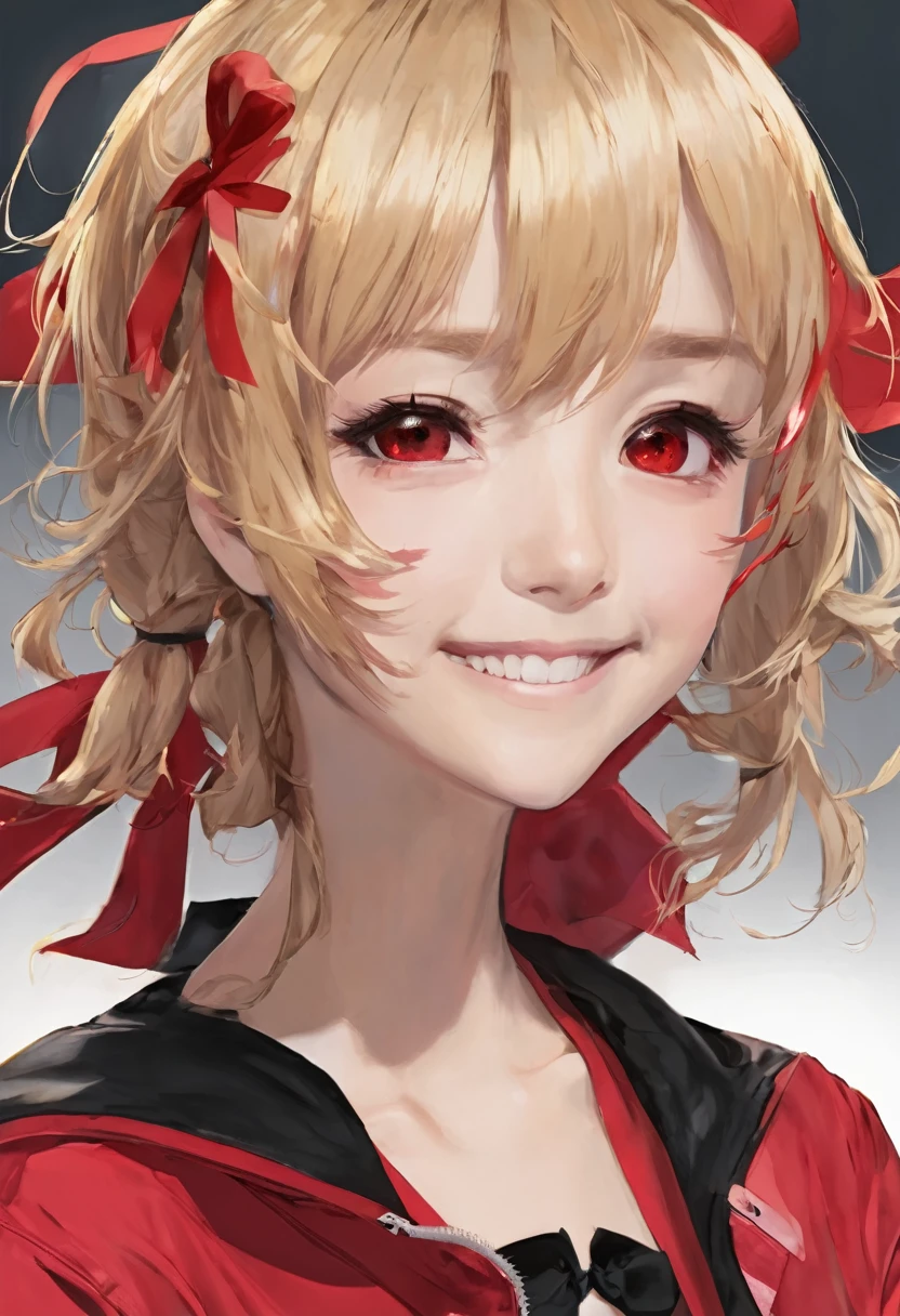 high quality, best quality, masterpiece, absurdres, red_jacket, ribbon, red_eyes, blond_hair, short_hair, hair_ribbon, smile, 1girl, torn clothes, cloth pieces,
