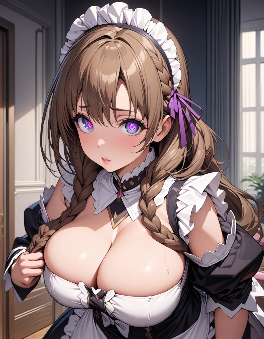 (Beautiful, detailed eyes:1.2), (Highest quality, masterpiece:1.2), Super detailed, Ogi Mamako, Long Hair, Brown Hair, Purple eyes, Hair Ribbon, Braiding, Bright Eyes, french Braiding, White Eyes, Large Breasts, lips, Mature Woman, dress, Cleavage, Exposing shoulders, Removable sleeves, Maid, 乳首の出てるMaid headdress, Detachable collar,, (View your viewers), (Front view), room, Are standing,