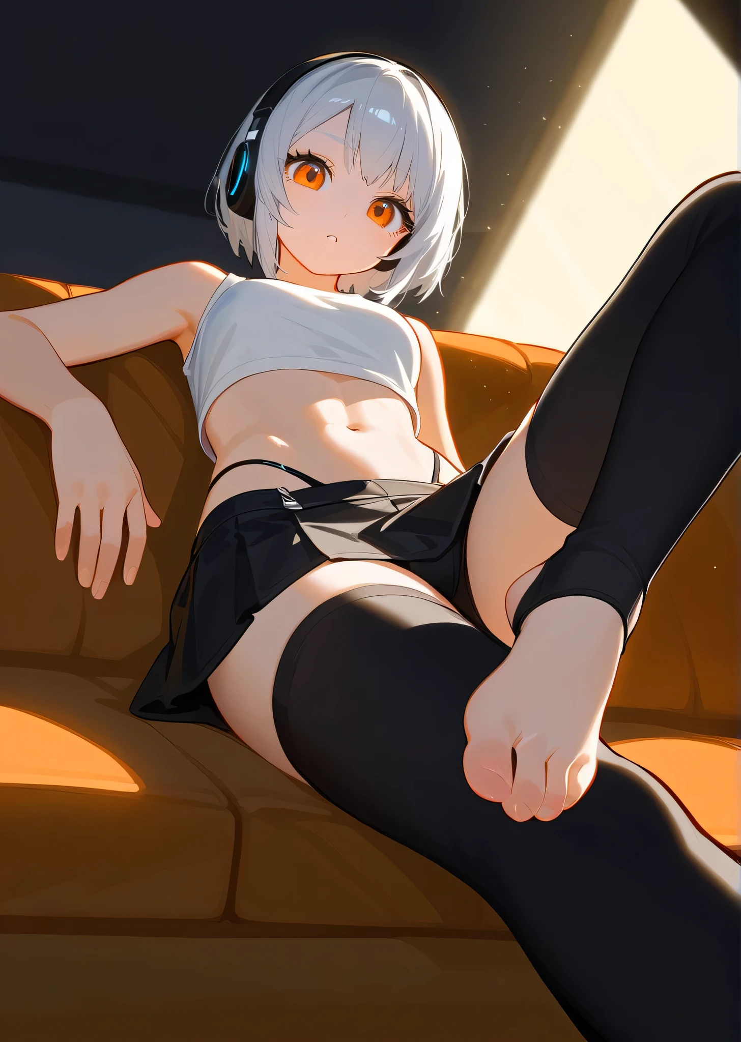 [anby demara], ((masterpiece)), ((solo portrait)), ((foot focus)), ((low angle view)), ((HD)), ((High res)), ((anime)), ((detailed shading)), ((cinematic lighting)), {(athletic figure), (cute orange eyes), short eyelashes, short white hair, (defined toned legs), (beautiful feet), (blank expression)}, {(black headphones), (white sleeveless crop top), (midriff), (short black skirt), (spandex shorts under skirt), (black stirrup thighhighs), (thong straps on hips)}, {(laying on couch), (looking at viewer)}, [ambient lighting, messy living room, moonlight]