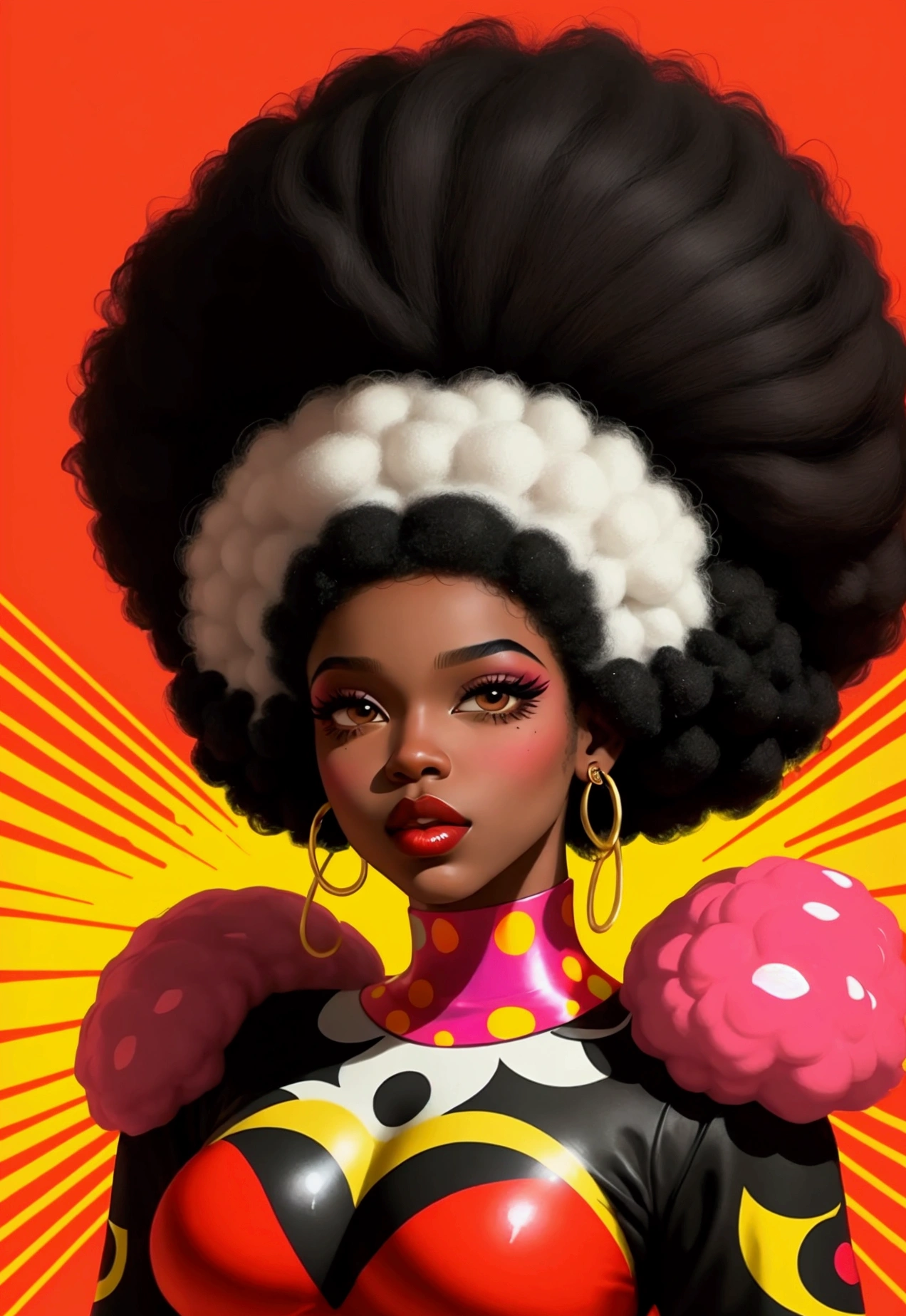 Pop Art of Black Woman with Afro Hair:** Create a pop art style illustration of a black woman with voluminous, expressive afro hair, using vibrant, contrasting colors.