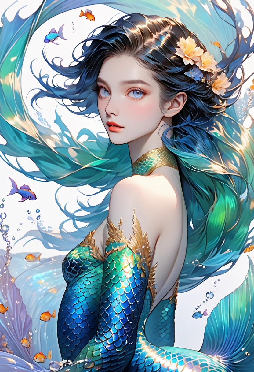 "Create a striking and captivating digital illustration of a male merman with the following features: Physical Appearance: Pale, porcelain-like skin with a delicate, almost ethereal quality Androgynous facial features that blend masculine and feminine traits - large, expressive golden eyes, high cheekbones, and full, sensual lips Long, flowing dark blue hair that cascades dramatically around the face and shoulders, creating a sense of movement and mystery A slender, lithe build with no visible muscle definition, giving the merman a delicate, almost fragile appearance Mermaid Tail: The merman’s lower body transitions into a long, powerful tail inspired by the vibrant and dramatic fins of a betta fish The tail is covered in shimmering, iridescent scales that shift and glimmer with a mesmerizing array of blues, greens, and golds The fins are large, flowing, and highly detailed, with intricate patterns and textures that suggest a sense of underwater movement and grace The tail tapers to a dramatic, elongated point, adding to the merman’s otherworldly and captivating appearance