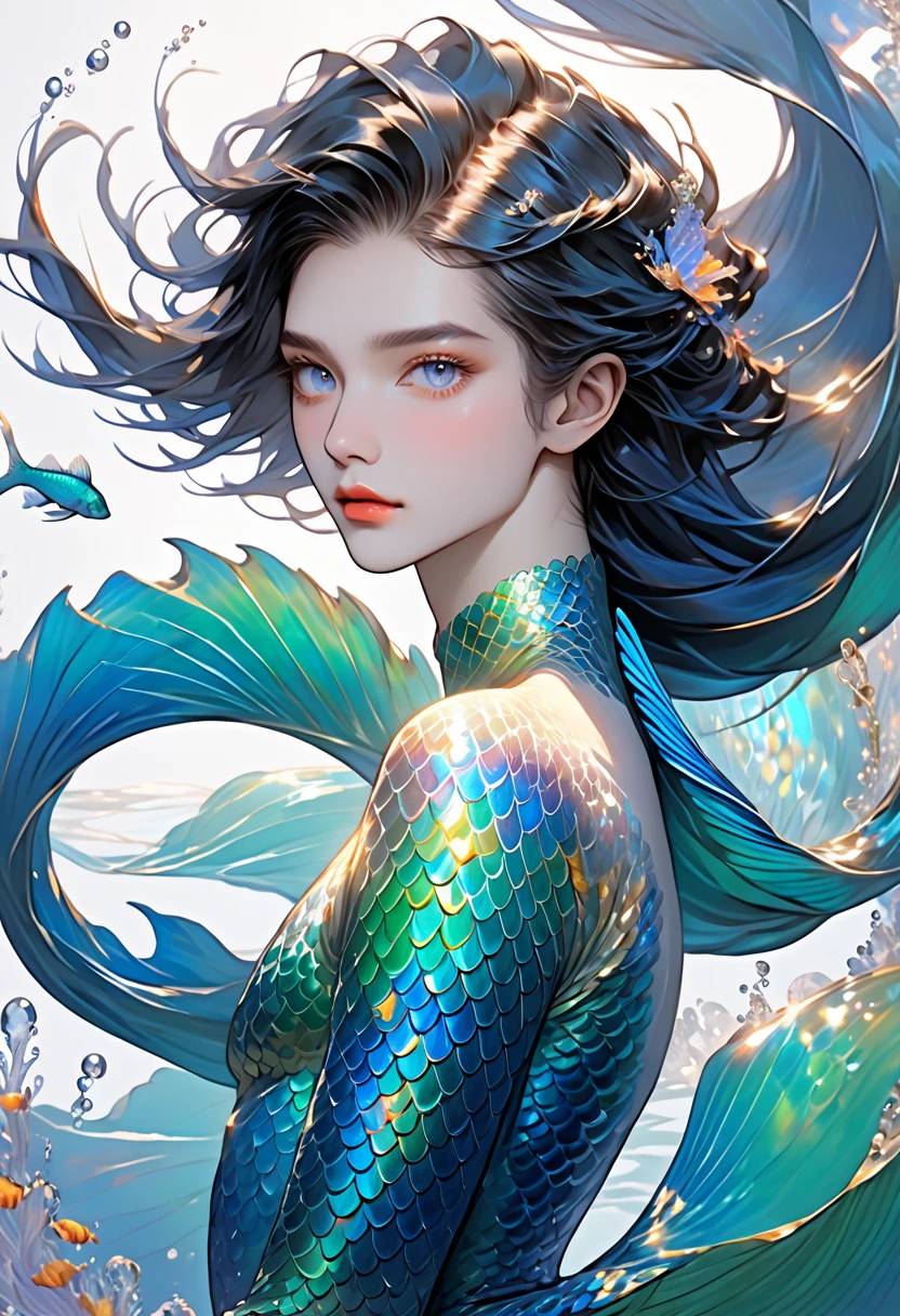 "Create a striking and captivating digital illustration of a male merman with the following features: Physical Appearance: Pale, porcelain-like skin with a delicate, almost ethereal quality Androgynous facial features that blend masculine and feminine traits - large, expressive golden eyes, high cheekbones, and full, sensual lips Long, flowing dark blue hair that cascades dramatically around the face and shoulders, creating a sense of movement and mystery A slender, lithe build with no visible muscle definition, giving the merman a delicate, almost fragile appearance Mermaid Tail: The merman’s lower body transitions into a long, powerful tail inspired by the vibrant and dramatic fins of a betta fish The tail is covered in shimmering, iridescent scales that shift and glimmer with a mesmerizing array of blues, greens, and golds The fins are large, flowing, and highly detailed, with intricate patterns and textures that suggest a sense of underwater movement and grace The tail tapers to a dramatic, elongated point, adding to the merman’s otherworldly and captivating appearance