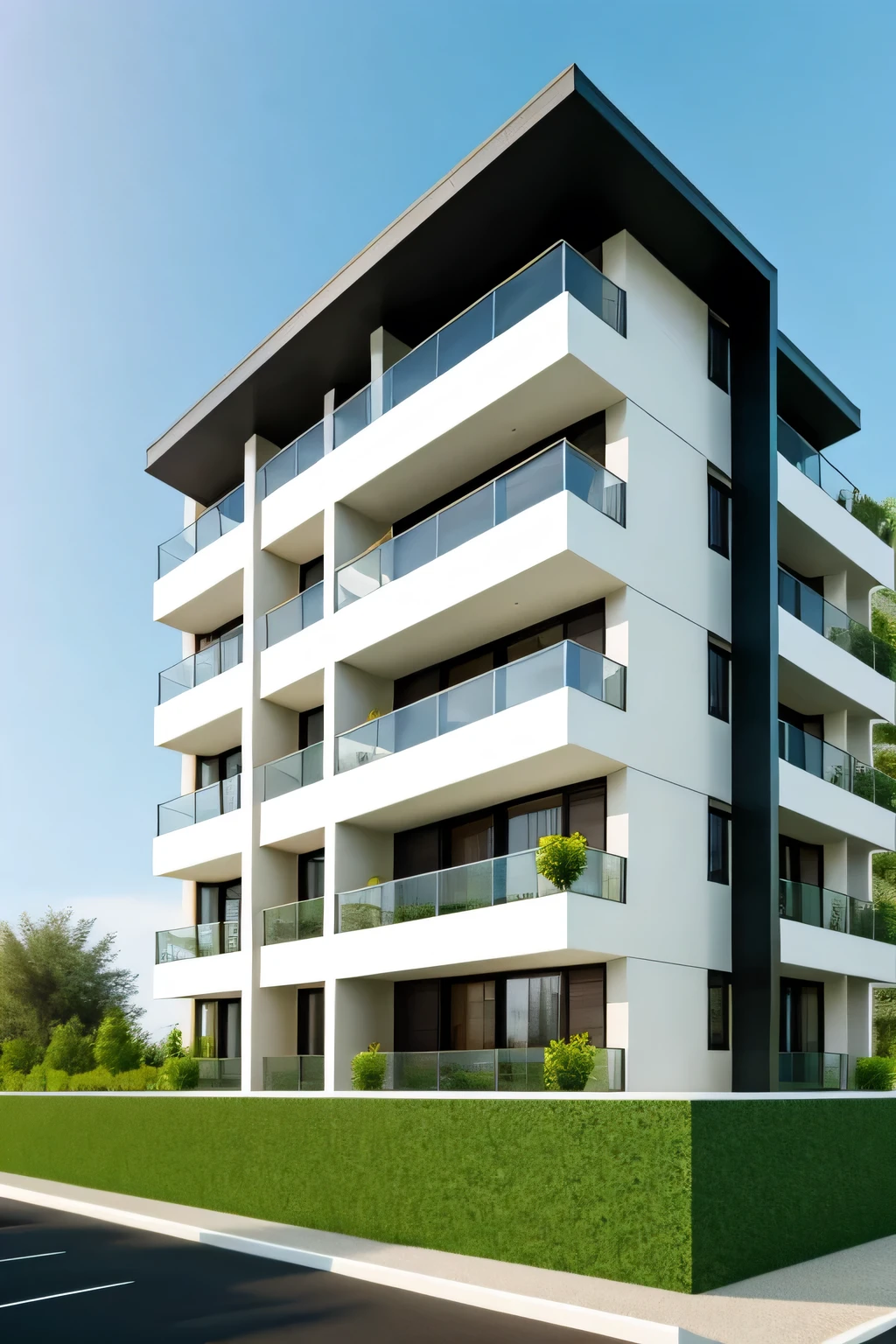 Professional 3d architecture rendering design of modern and minimal  and parametric apartments facade with wood and black stone and green space and flowers between windows 