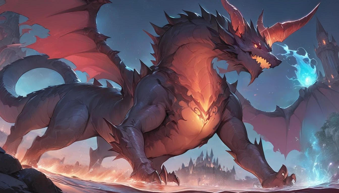 best quality,4k,8k, highres, masterpiece:1.2), ultra-detailed, extremely detailed eyes, extremely detailed body, (large masterpiece digital art), (detailed manga illustration), (detailed line art), ((perfect anatomy)), (intricate details:1.3), (ultra-detailed:1.3), (illustration:1.3), (sharp focus:1.3), (natural lighting:1.05), (vivid colors:1.3), (masterpiece), (best quality:1.4), (perfect anatomy:1.4), high quality, expressive eyes, 1 girl, breast, animal focus, bracelet, claws, dragon, magic energy, full body, gold eyes, slit pupils, horns, gold horns, dragon horns, demon horns, jewelry, monster, giant monster, no humans, open mouth, scales, fur, black fur, sharp teeth, solo, tail, teeth, sharp teeth, wings, outdoors, black scales, river, scales, scenery, sky, sunset, western dragon, yellow sky, ice, ice crystals, fire, blue fire, lightning, red lightning, elemental aura, particles, glowing particles, Jeff Bridges, ((cartoon style)), Marvel Cinematic Universe style, (((hell castle in the background))), soft bokeh of hellscape, Atey Ghailan, Jeremy Mann, Greg Manchess, Antonio Moro, trend in ArtStation, trend in CGSociety, Intricate, High Detail, Sharp focus, dramatic and photorealistic painting art by Midjourney and Greg Rutkowski,