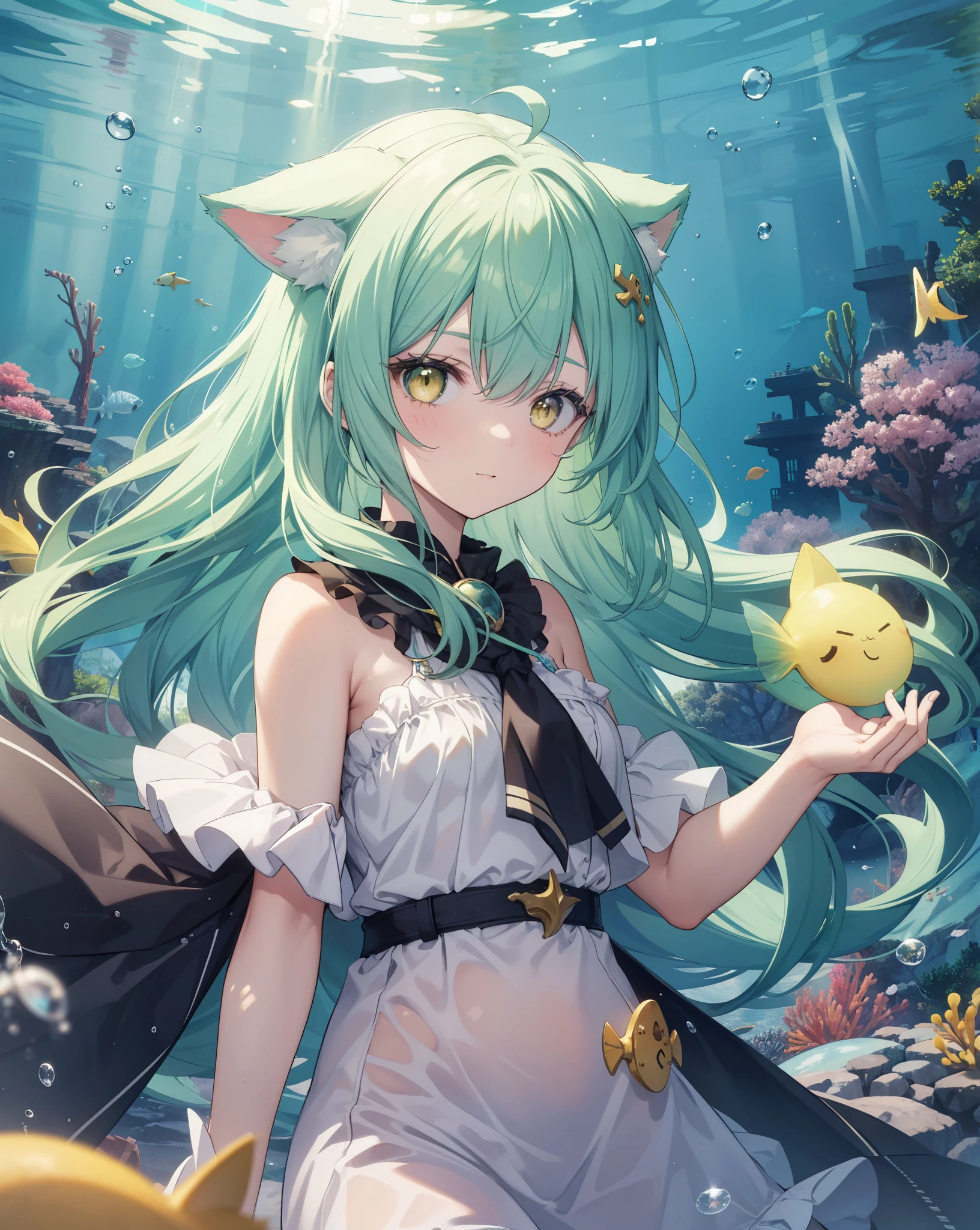 1girl, neko ears, green hair, yellow eyes, living in a bubble under the sea. She is playing with some fishes, she's happy. Scenery underwater. 