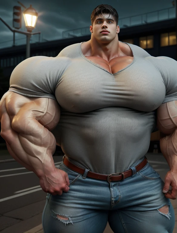 1boy, giant, giant bodybuilder, stand, illuminating light, strong body, bulk, large size, staring, standing, outdoor, with traffic lights in night, nude, wet white henley shirt and jeans pants, prominent bulge, extraordinary big, brutalmass, giant, muscular body, bulk, buff, massive body, large meaty body size, extremely wide body