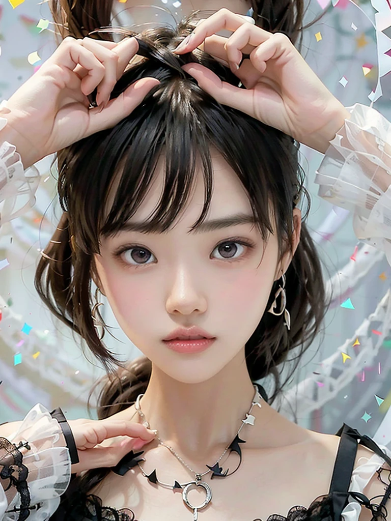 8k,Confused, High resolution, Very detailed, 1 girl, alone, Very beautiful eyes, Ultra-precise depiction, artistic、Very detailed depiction, (Tangled:1.2), , (White high key background:1.5), (((Black Lace Dress 1.5))), 、 short hair、Earrings and Necklaces、Platinum Blonde Hair, (Glowing Skin), Many colors, , (Shooting from above:1.2),、Flat Body、slim、cute、、Round face、Cast a Shadow、、Smile 1.3