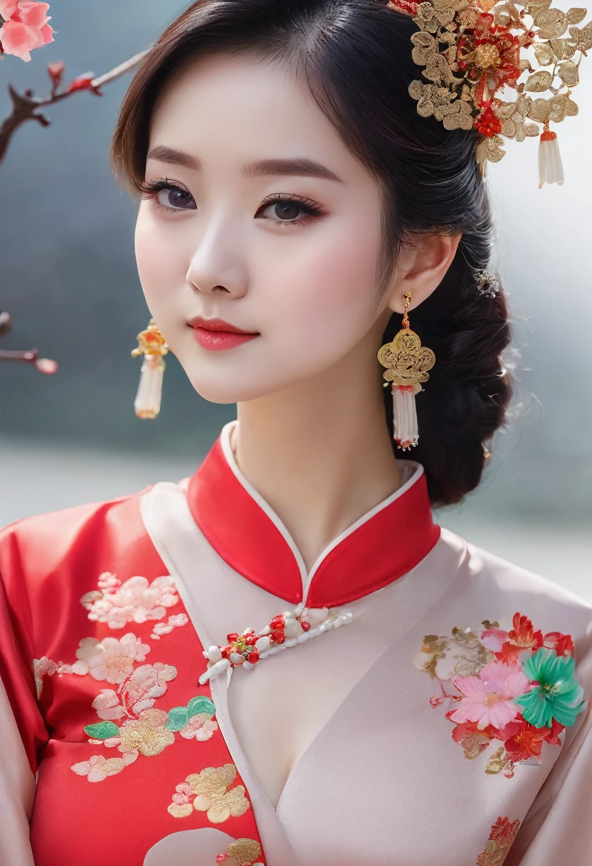 There is a woman in a cheongsam, 2 7 years old, 2 8 years old, 2 9 years old, 3 2 years old, delicate makeup, Ye Wen, 2 3 years old, round face, cute lian, gold tiara, pearl necklace, jade hairpin