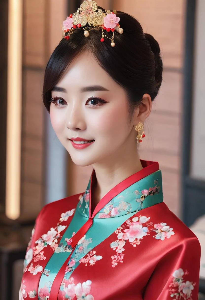 There is a woman in a cheongsam, 2 7 years old, 2 8 years old, 2 9 years old, 3 2 years old, delicate makeup, Ye Wen, 2 3 years old, round face, cute lian, gold tiara, pearl necklace, jade hairpin