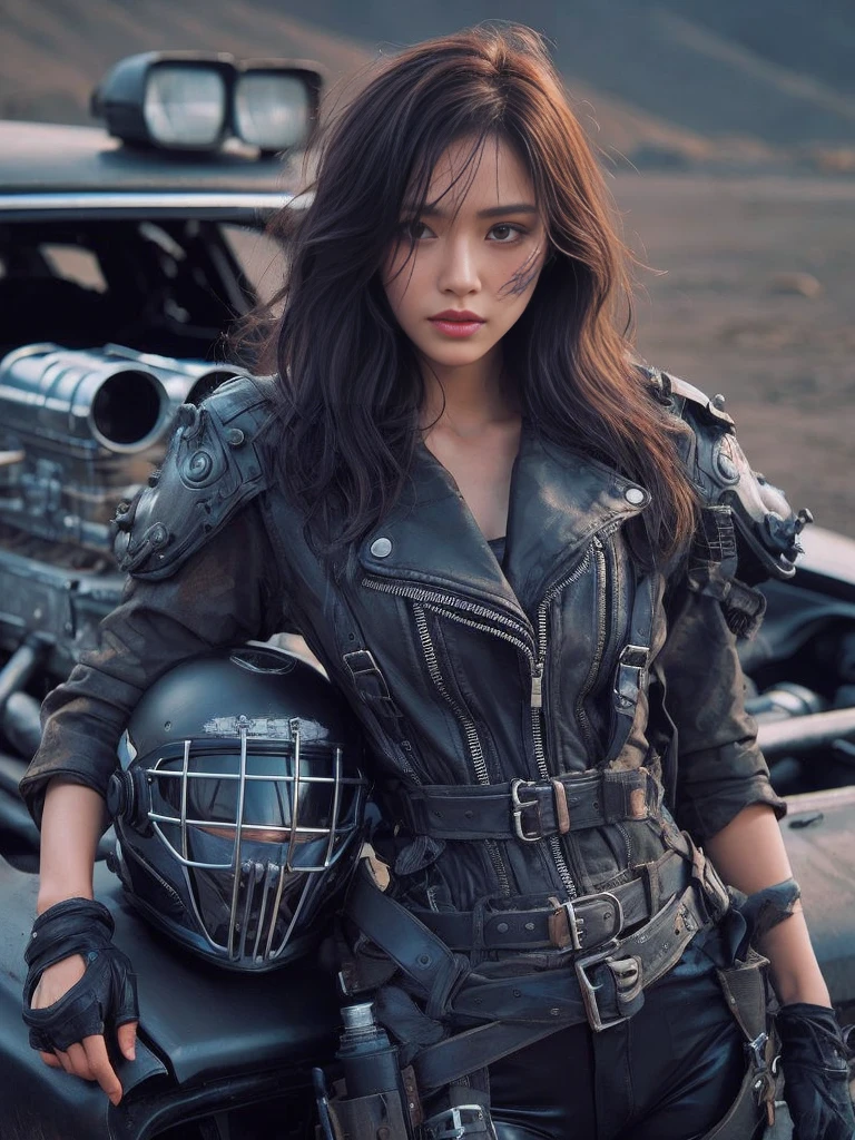 8k,Realistic Skin Texture、Superrealism、Realistic Photo、Japanese women、mad max images、In the wasteland、Rider's jacket with protectors、Standing next to a beat-up black supercharged car、boots、Determined to Revenge、Face Paint