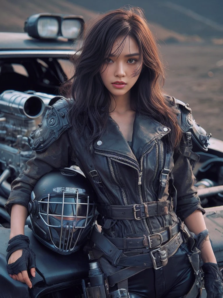 8k,Realistic Skin Texture、Superrealism、Realistic Photo、Japanese women、mad max images、In the wasteland、Rider's jacket with protectors、Standing next to a beat-up black supercharged car、boots、Determined to Revenge、Face Paint