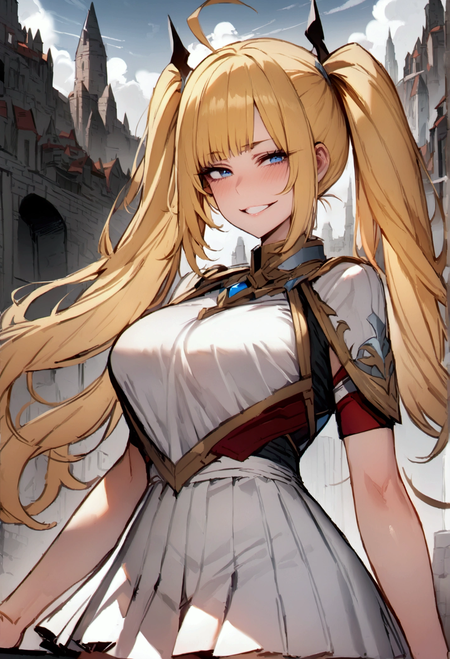 masterpiece, best quality 1girl, solo, beautiful woman, messy bangs, blond hair, long hair, twin tails, ahoge, blue eyes, grin, large breasts, short white skirt, plated skirt, fantasy, looking at viewer, castell background
