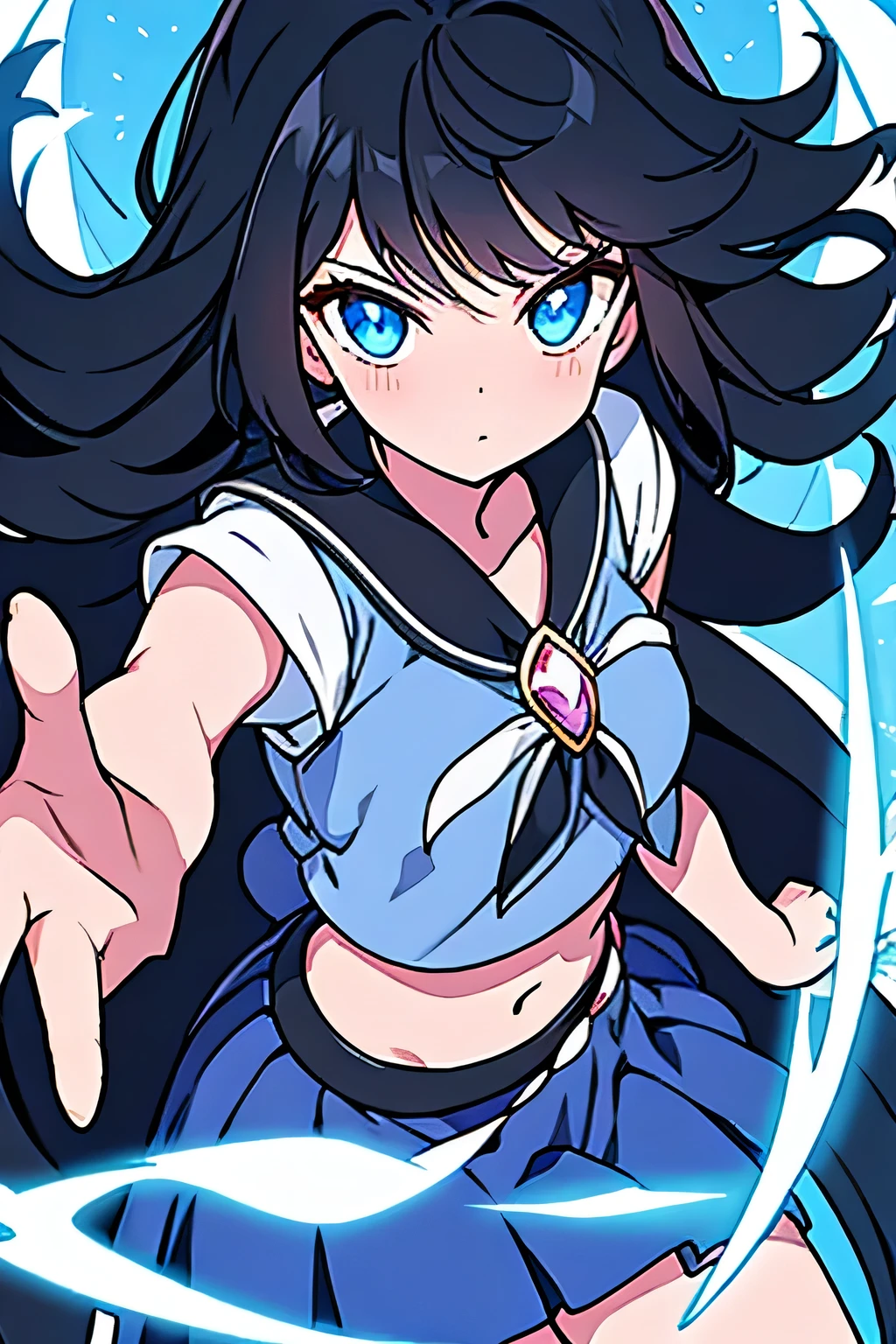 Black hair blue eyes crop top  anime magical outfit magical girl  long hair cocky pose