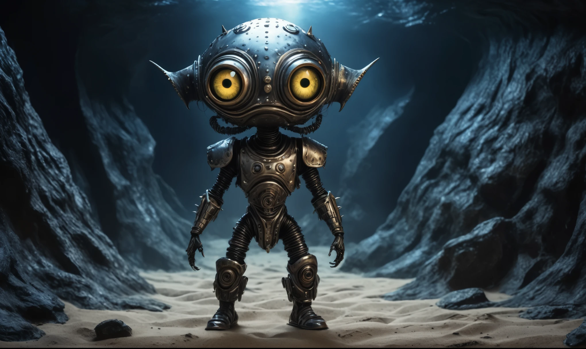 full body length shot,nerd graphite  Alien Entity,native africa slave ,azctec Finnish Lapland,Cinematic,soft colors, Technicolor,natural skin textures, hyper realism, hyper detailed,Extremely detailed,High contrast,Masterpiece,Realistic,Ultra Detailed, intricate details,realistic humid leather,extremely intricate details,Epic Realistic, cinematic style, irina yermolova,high contrast,hdr,extremely detailed, [deep night landscape],masterpiece, intricate details, eyes extremely detailed, high detailed eyes,8k resolution,retina, Nikon Z9,Korea,orc,Egypt, Pisces, transition between two art styles,full body length, Double contact, X-ray, Creative, vivid light, fantasy, Abstract, Surrealism, super detailed, high resolution,insanity national folk wear,skin  almost translucent, gothic elements,Mestichino,Light particles,chaos,starfish's leather,"(The best lighting, dark, dramatic), terror.),(fish eyes, A Modern flat toon Crazy whit a Big ONE a Only Eye Robot USSR , and helmet Style, tongs in hands, Tv head, pinhead, camouflage, Ambient in a meteorite crater super detailed, 