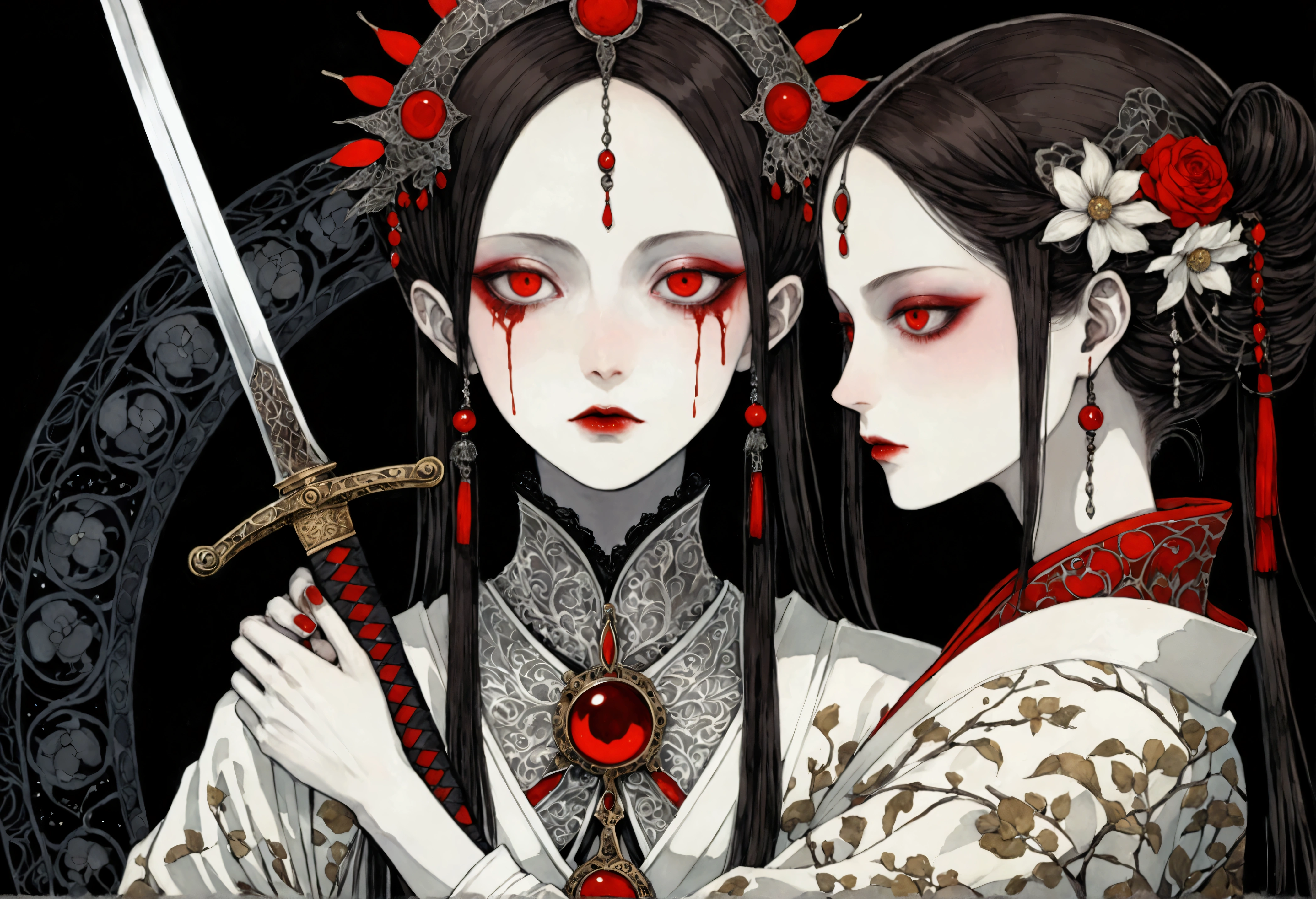 in style of Harry Clarke,in style of Alma Woodsey Thomas,in style of Santiago Caruso,in style of American McGee, Brunette girl、Red eyes、Very delicate and beautiful eyes、holding sword with both hands、There is blood on girl's face, Dark Fantasy, fear、Very detailed, White Kimono、perfect hands, perfect anatomy,Rear view、contour、(Samurai sword:1.5) )、draw your sword、draw your swordテクニック、moonlight、night、moonlight從上面:1.5