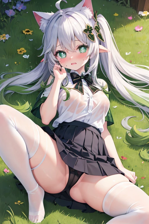 soaked,see-through,wet clothes,masterpiece, best quality, {{partially unbuttoned}}, loli, kawaii, long hair, ahoge, beautiful detailed eyes, aqua eyes, eyeball, heart in eye, cat_ears, nose blush , shy, blush, endured_face, medium breasts, bare legs, no legwear, skirt lift, spread legs,  lying , shirt lift, naughty_face, excited, transparent underwear, crying with eyes open, tai, wet, unbuttoned clothes,