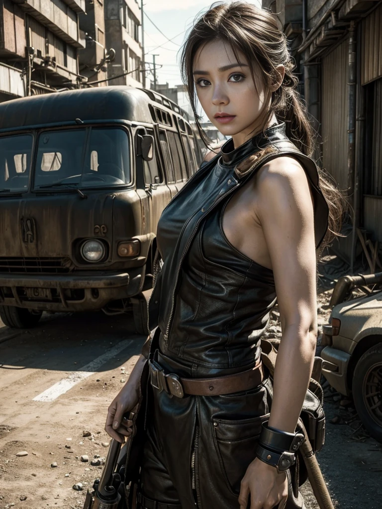 ８ｋ,Realistic Skin Texture、Superrealism、Realistic Photo、Japanese women、mad max images、In the wasteland、Rider&#39;s jacket with protectors、Standing next to a beat-up black supercharged car、boots、Determined to Revenge、Face Paint