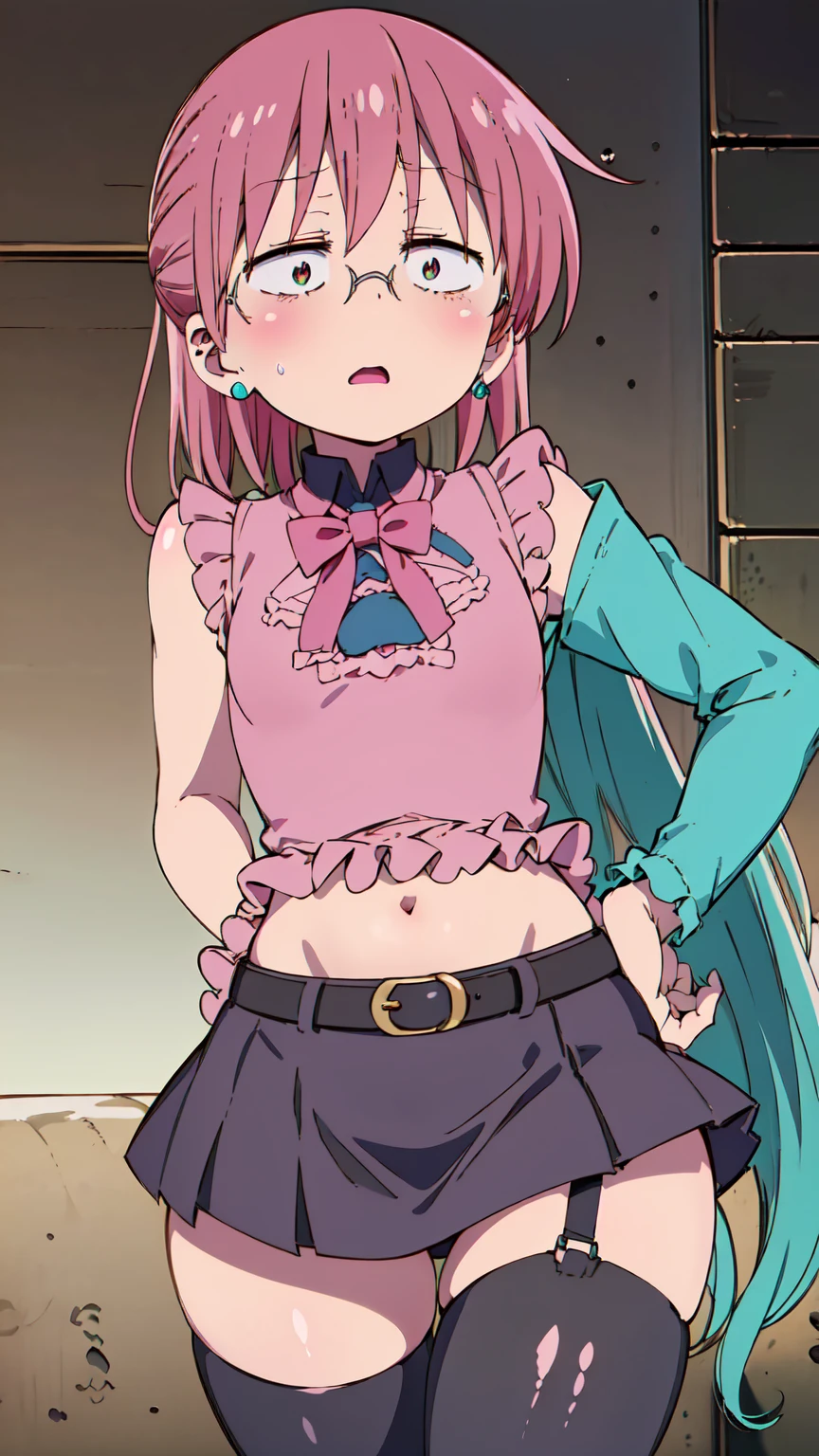 Kobayashi, surprised, Surprise face, hands on cheeks, (Bust size very very small.)), (flat chest:1.2), Elizabeth 7ds custom, ((pink sleeveless blouse with ruffles and blue bow,)), black leather skirt, asymmetrical leggings, pink shirt, black thighs, Belt with buckle, black thigh high stocking on the right leg, turquoise earrings, mini skirt, disgusted face