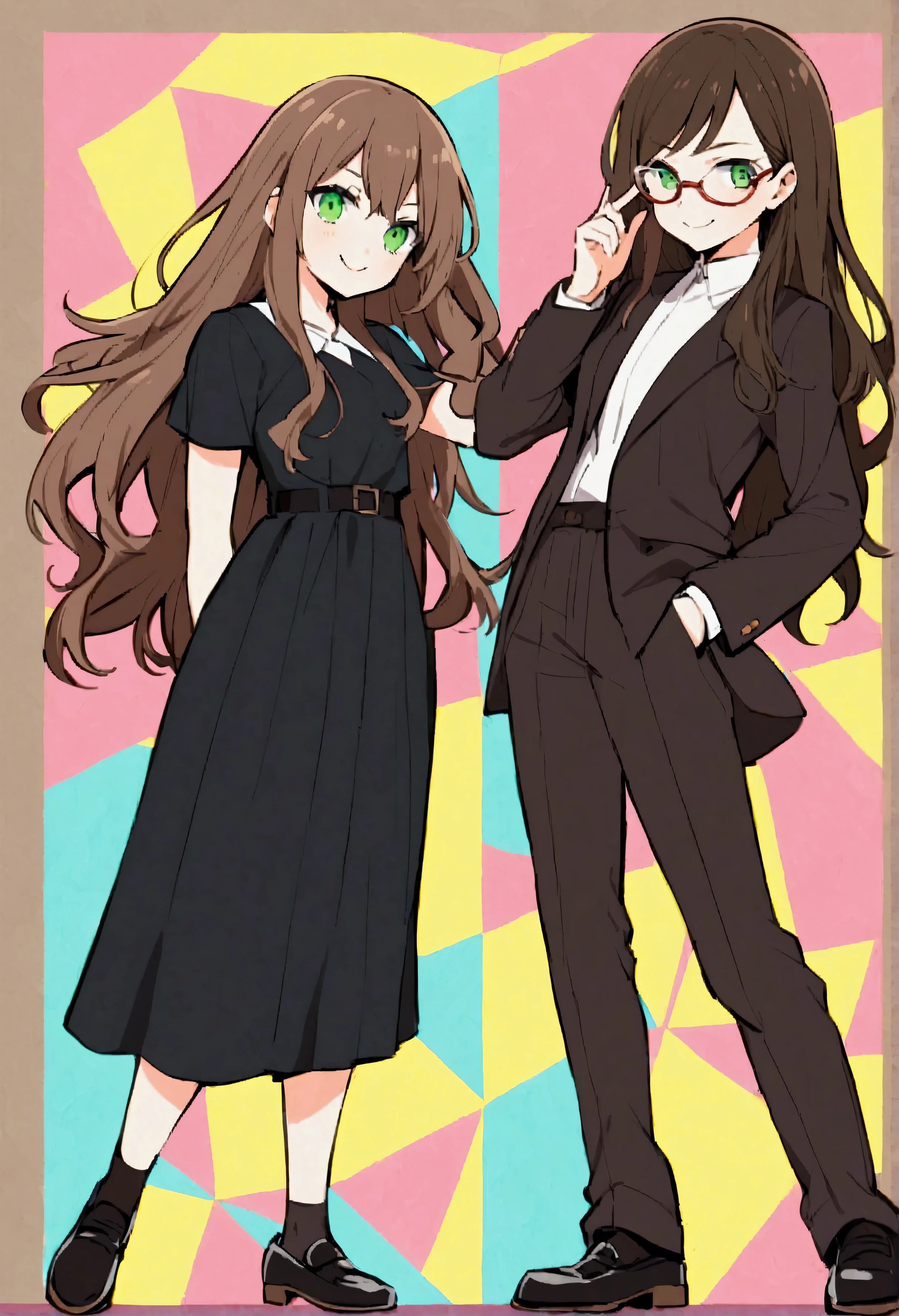 Teenage girl, tidy hair, long hair, dark brown hair, greeneyes, wearing glasses, Grinning, white , dark brown school pants, black dress shoes 
