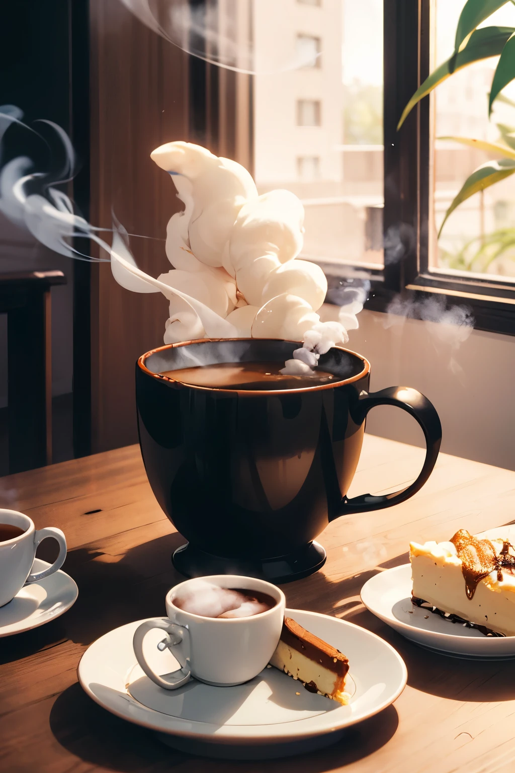 The cup of black coffee on the table still felt hot with steam and smoke coming out of the coffee cup, there are cheesecake snacks on a small plate, green atmosphere