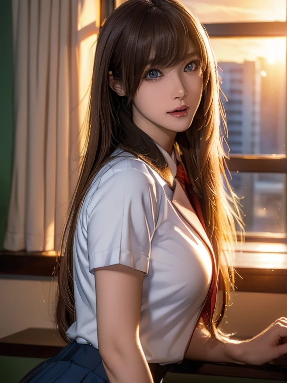 (Teachers uniform:1.5), (realistic, realistic photo: 1.37), high definition, RAW photograph, high definition and beautiful, 8k wallpaper, Amazing details, highly detailed beautiful girl, Extremely detailed face, (Finely defined super beautiful eyes:1.5), Depth of written boundary, natural soft lighting, UHD, Realistic Skin, evening sunset, (evening sunset outside the window:1.2, sunset through window:1.2), From inside the classroom, cute girl, (Tight hair), (ultra straight hair), Swept long bangs, amber hair, skinny body, Curvaceous, Beautiful breasts, small breasts, pale skin, pointed breast, erotic body, (Erotic face, Open your mouth just a little, Ecstatic expression), (Best Quality, High quality, High Definition, high quality texture, high detailing, Beautiful detailed, fine detailed, extremely details CG, masterpiece), Detailed texture, realistic representation of face, presence, Dynamic, Bold), Ultra detailed skin, Perfect Face, looking at the viewer, Backlight, Standing by the window, Highlights in the eyes, enchanting eyes, awesome solo, whole body,