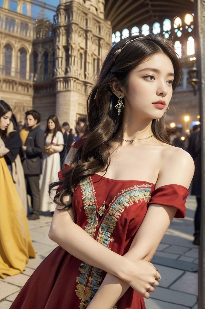 (((best quality))),(((ultra detailed))),(((masterpiece))),illustration,((1 beautiful girl,female Gypsy dancer,solo)),(shoulder length wavy bob hair:1.2),((slim,thin)),((small breasts,flat chest)),(detailed eyes:1.3),(Bohemian style embroidered red dress:1.5),(short sleeves:1.2),((earrings)),mystery,charm,(On the square outside Notre Dame Cathedral in Paris:1.5),(ancient Paris:1.2),traditional attire,vendors,fruits,handcrafted objects,pastries,bakeries,spire,Gothic architecture,sunlight,ethereal glow,busy cityscape,out of place,free spirit,creativity,lost in thoughts,dreams,possibilities,bygone era,snapshot,essence,magic of summer,(day scene:1.3),(outdoor:1.3),(surrounded by crowded crowds:1.3),((from front,upper body))