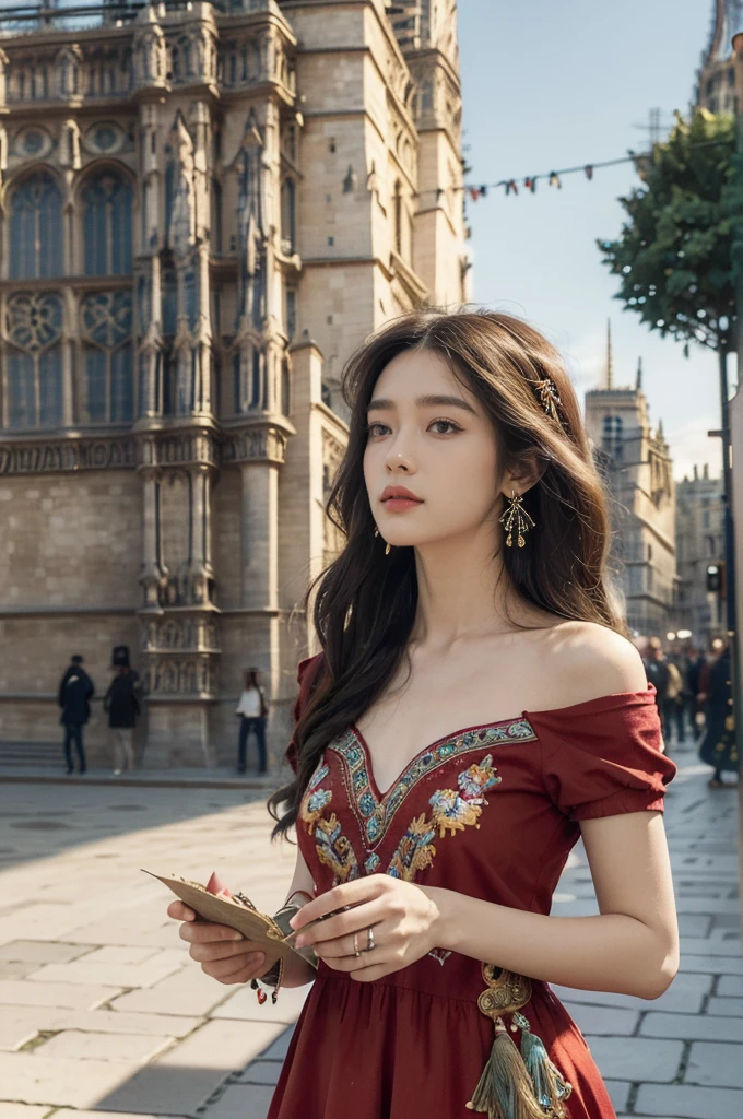 (((best quality))),(((ultra detailed))),(((masterpiece))),illustration,((1 beautiful girl,female Gypsy dancer,solo)),(shoulder length wavy bob hair:1.2),((slim,thin)),((small breasts,flat chest)),(detailed eyes:1.3),(Bohemian style embroidered red dress:1.5),(short sleeves:1.2),((earrings)),mystery,charm,(On the square outside Notre Dame Cathedral in Paris:1.5),(ancient Paris:1.2),traditional attire,vendors,fruits,handcrafted objects,pastries,bakeries,spire,Gothic architecture,sunlight,ethereal glow,busy cityscape,out of place,free spirit,creativity,lost in thoughts,dreams,possibilities,bygone era,snapshot,essence,magic of summer,(day scene:1.3),(outdoor:1.3),(surrounded by crowded crowds:1.3),((from front,upper body))