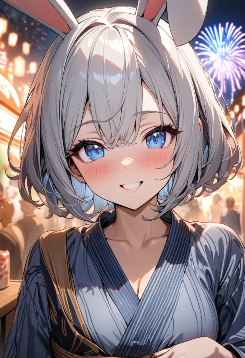 silver hair, 1 girl, (((best quality)), ((masterpiece)), (details), masterpiece, best quality, high quality, super detailed, perfect face, ((1 girl, Blue eyes, rabbit ears: 1.3 silver bob: 2.5,)),Shiny Hair、Shiny skin、smile、Alluring expression、yukata、Fireworks display、Lined with food stalls、