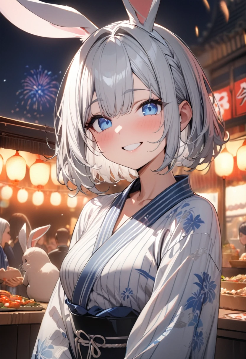silver hair, 1 girl, (((best quality)), ((masterpiece)), (details), masterpiece, best quality, high quality, super detailed, perfect face, ((1 girl, Blue eyes, rabbit ears: 1.3 silver bob: 2.5,)),Shiny Hair、Shiny skin、smile、Alluring expression、yukata、Fireworks display、Lined with food stalls、