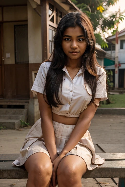 Realistic photos of (1 cute srilankan school girl) medium hair, slightly smile, 32 inch breasts size,wearing srilankan , sitting on a bench in front of  school building, sunset light, close-up, UHD