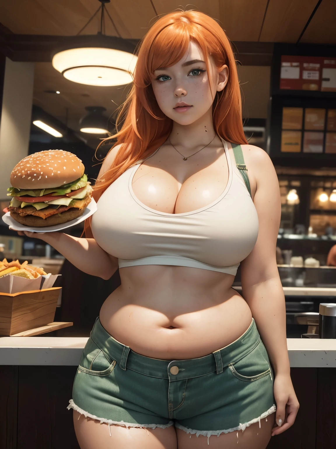 ((highres)), Masterpiece, high quality, best quality, beautiful, perfect lighting, detailed face, ultra cute face, (((1girl))), ((solo)), blush, orange hair, green eyes, freckles, crop top and shorts, fast food restaurant, cleavage, large breasts, ((wide hips)), ((thick thighs)), ((plump)), chubby belly, fat folds, belly hang, standing