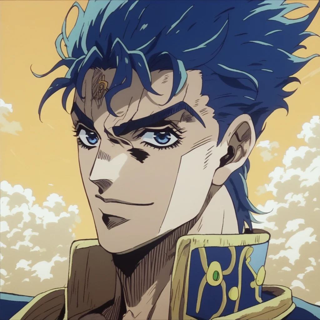JoJo, JoJo style, JoJo's Bizarre adventure, Official art, anime, fake screenshot, pompadour, gakuran, Josuke Higashikata, blue hair, smile, blue eyes, headshot, masterpiece, dramatic lighting, yellow sky, white clouds