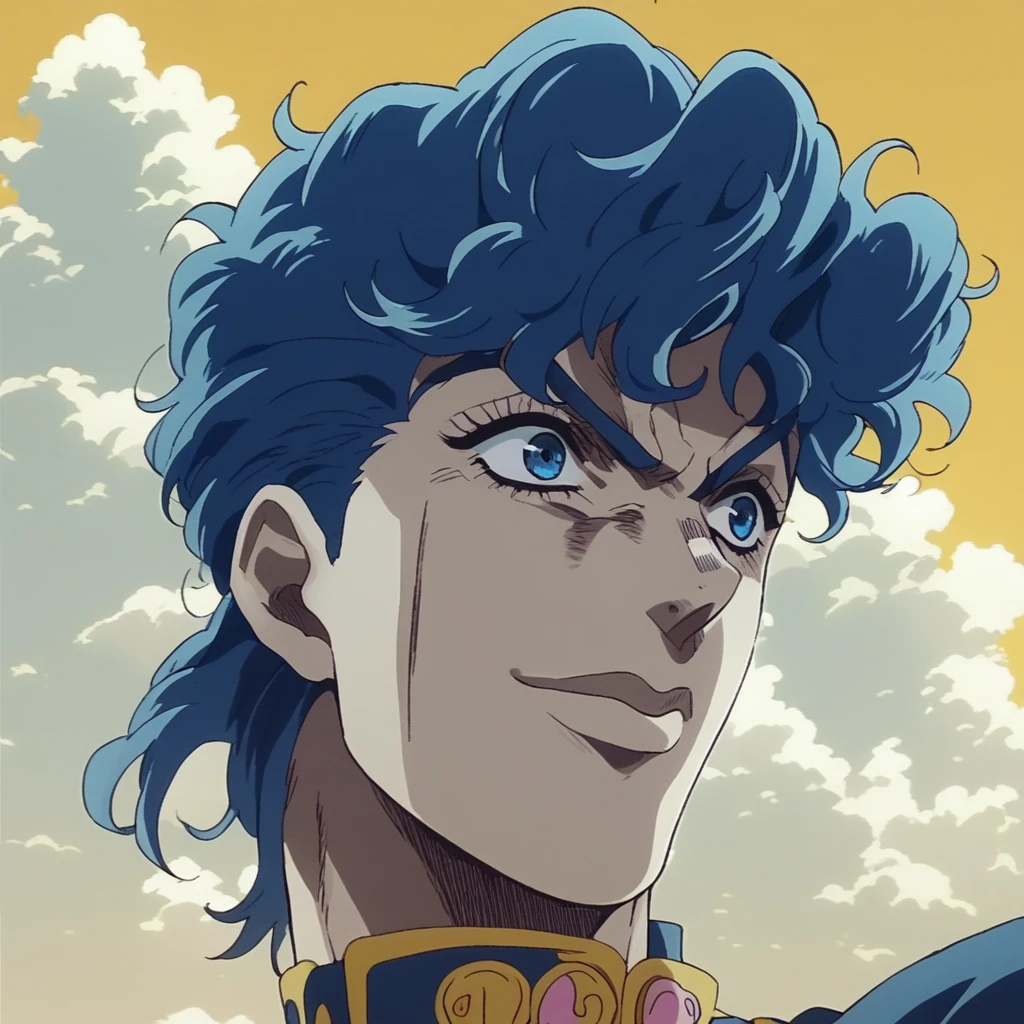 JoJo, JoJo style, JoJo's Bizarre adventure, Official art, anime, fake screenshot, pompadour, gakuran, Josuke Higashikata, blue hair, smile, blue eyes, headshot, masterpiece, dramatic lighting, yellow sky, white clouds