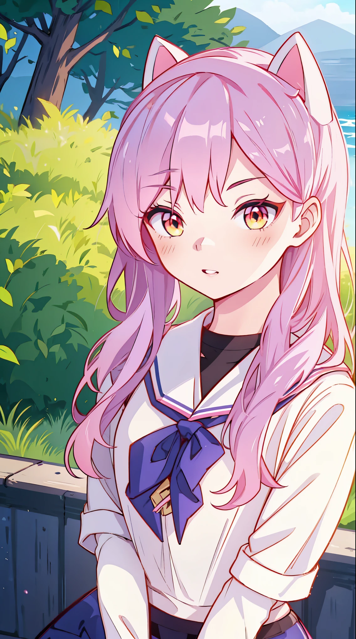 An anime girl with cat ears. Fake cat ears, and the cat ears are gold-rimmed on the head, long pink hair, very long hair, bright pink hair, white miniskirt with gold belt, She wears white gloves on her hands, pinker BH pinker Tanger, around the neck a golden collar, View to the viewer,
sexly,, cute face",, orange eyes